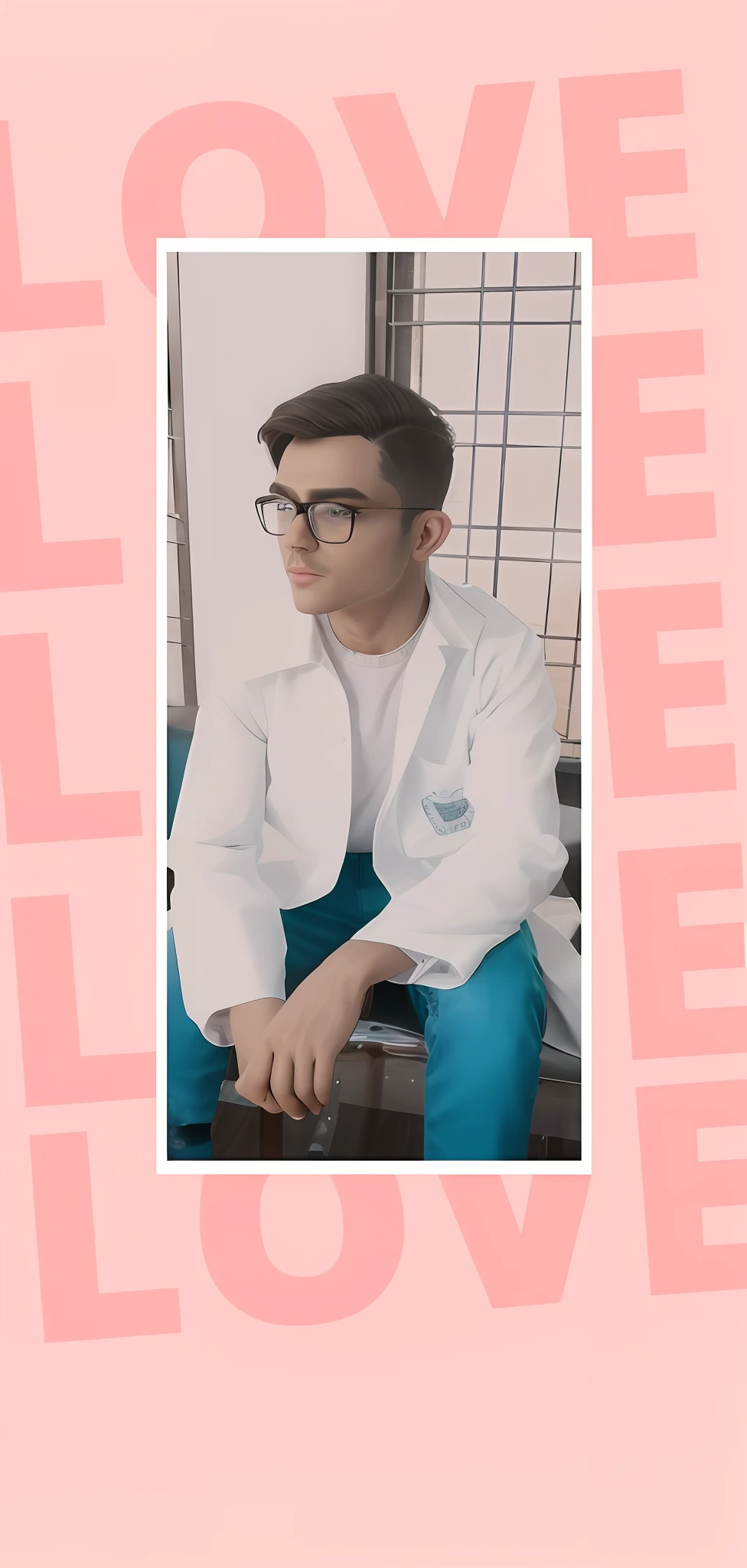 A man with glasses, Textured garments, poised poise, dramatic angles, geometric shapes, contrasts of light and shadow, slick futurism, avant-garde styling, high-tech backdrop, crisp lines, ultra-high resolution, neon background. 3d character. Restore the face. Increase the qulatity of photo. Realistic 3d potrait of this man