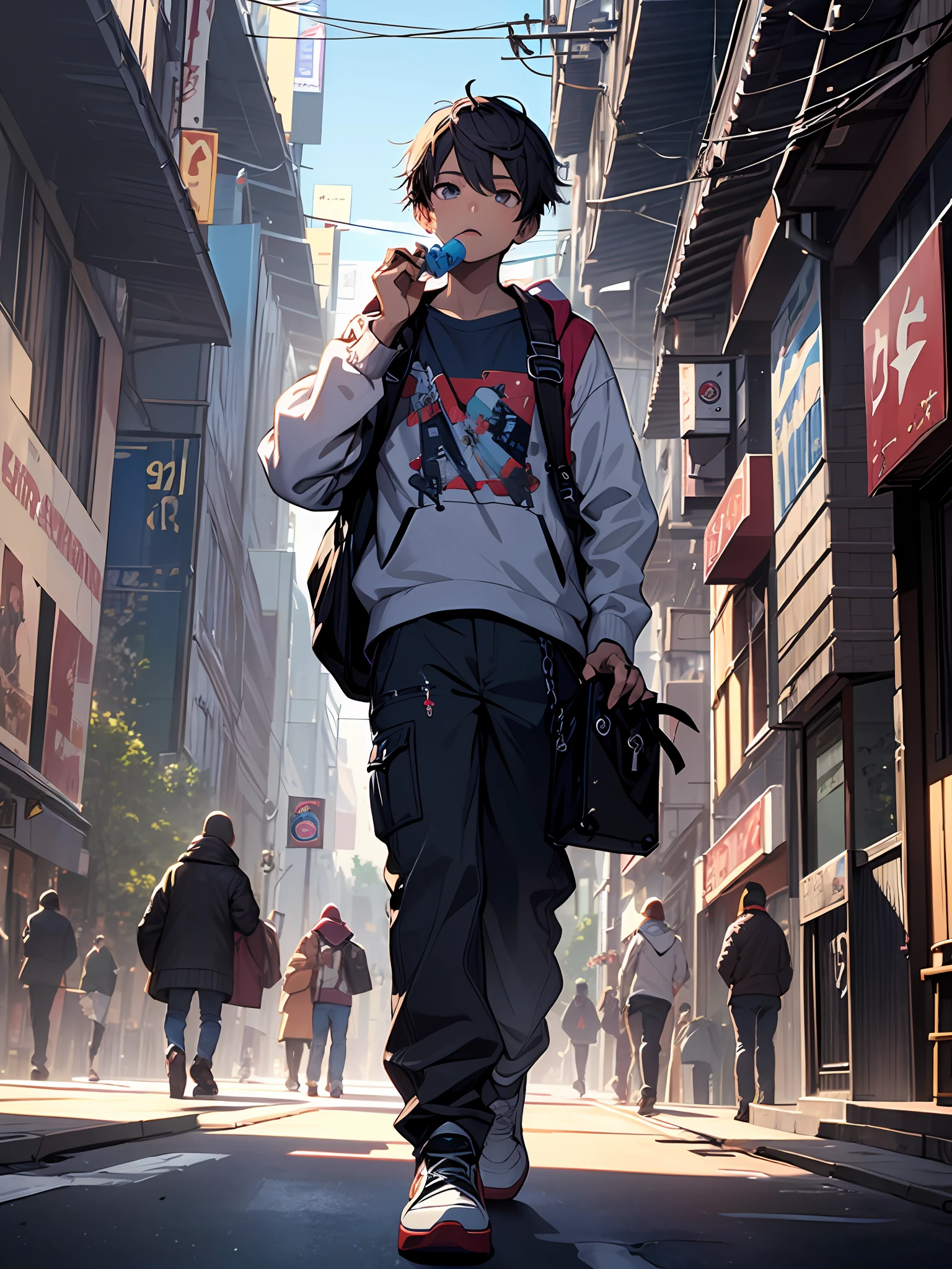 {{Master masterpieces}},illustration,Best Quority,extremely detailed CG Unity 8k wallpapers,1 boy,skateboards,Eat gum, look up, look down,