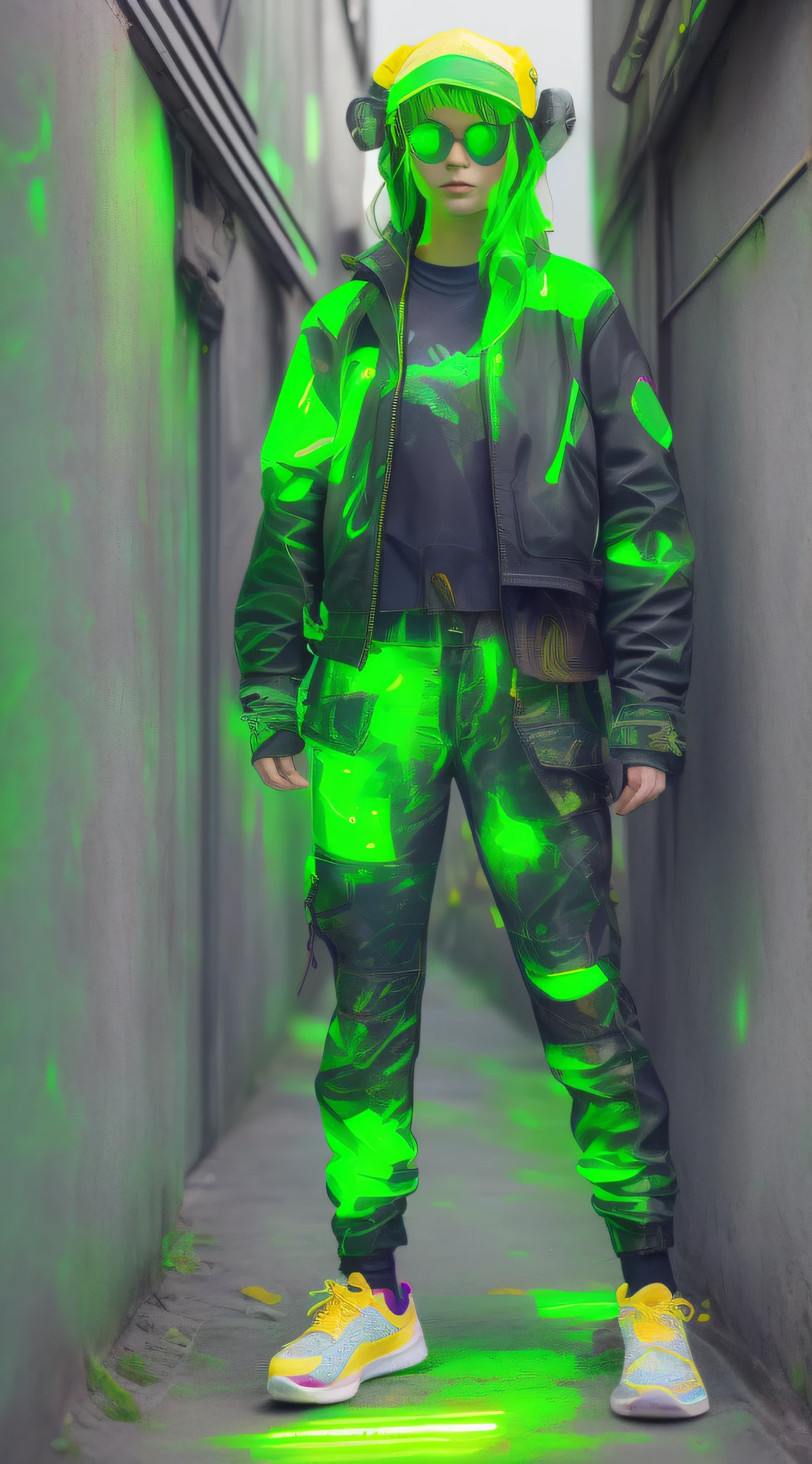 Cyberpunk Girl wearing a phosphorescent yellow green clothes and sneakers