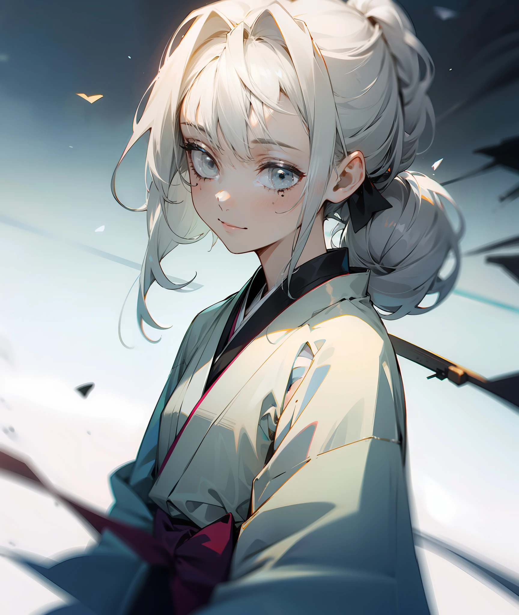 1girl, grey eyes, white hair, small scars, human, grey kimono, soft smile, calm, kind, hair up, hair in bow