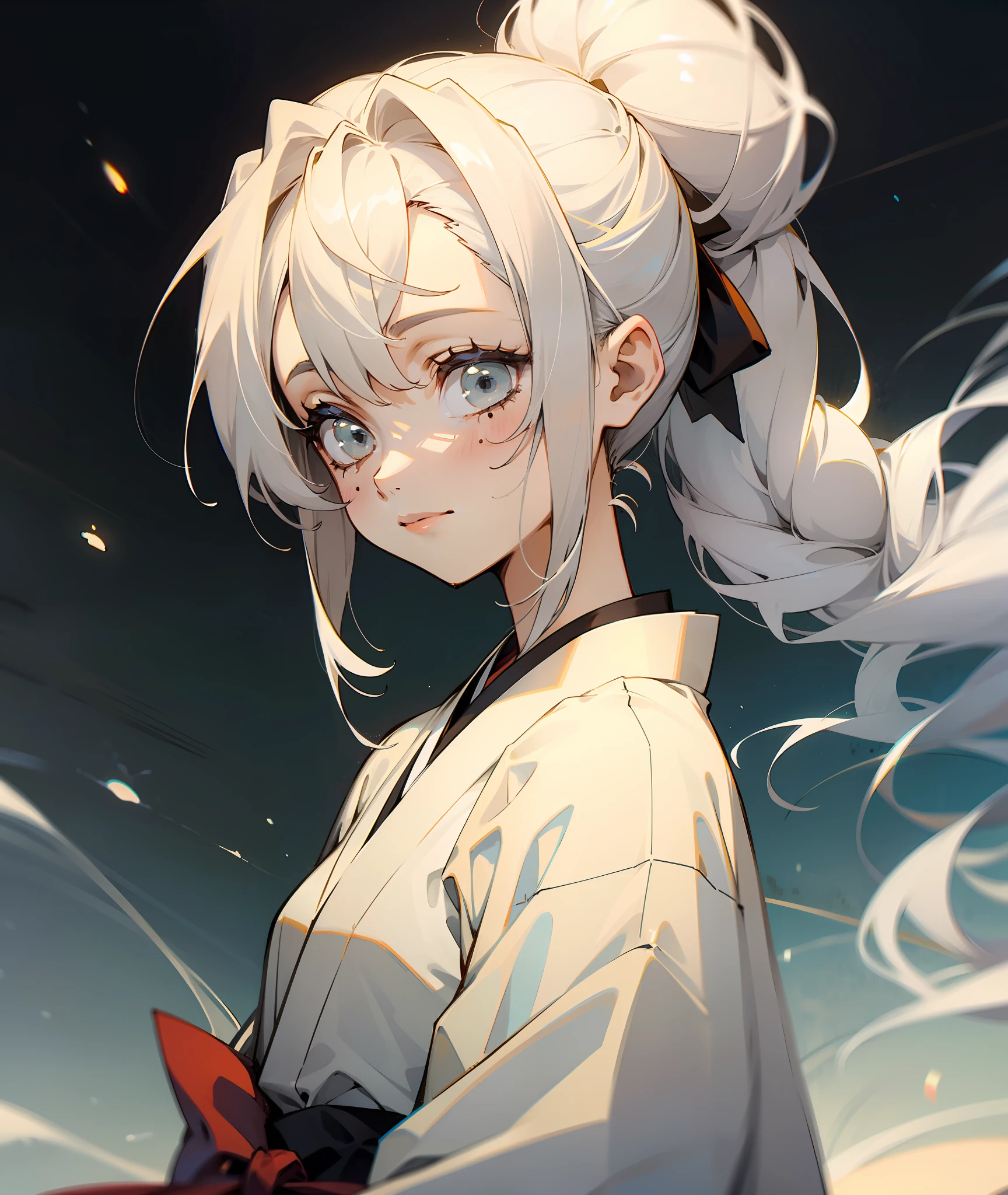 1girl, grey eyes, white hair, small scars, human, grey kimono, soft smile, calm, kind, hair up, hair in bow