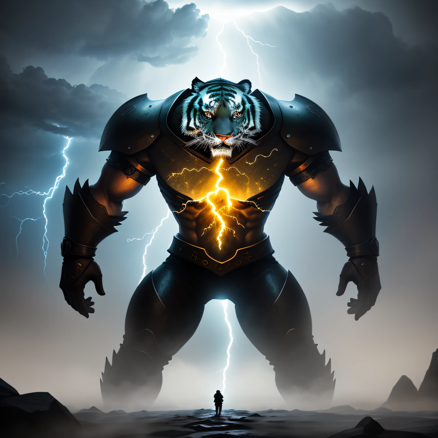 The tiger climbed the mountain hard,Bajiquan stunts,Pure mantra hard ginseng,Whole human body,Combat posture,Low viewing angle,Dim background,It was surrounded by a large amount of thick white fog,((an extremely delicate and beautiful one),((Men)),((lightning in hand)),Lightning surrounds men,((lightning chain)),Suspended crystals,There is lightning inside the crystal,unrealengine,masterpiece, the highest picture quality,highest resolution,8K,Extremely detailed images,Moon light,Shadow optimization,Realistic style