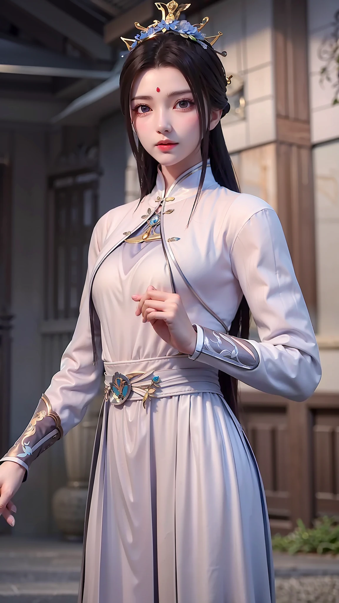 masterpiece,best quality,1girl, brown eyes, black_hair, chinese clothes,red dress,crown,jewelry,hair ornament,looking_at_viewer, cowboy shot,