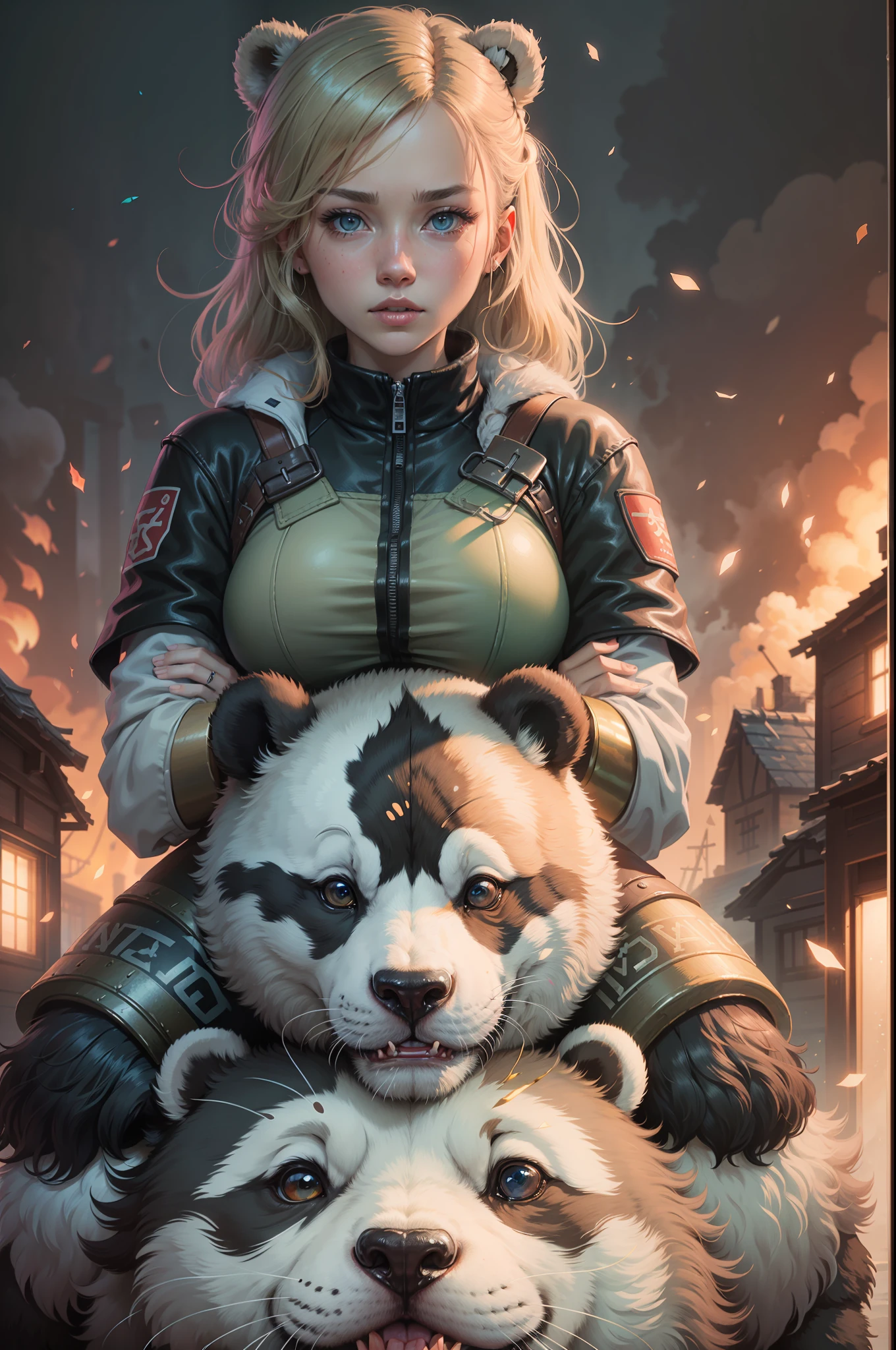 （（（The girl sits on the shoulders of a huge panda mech））），（（Girl close-up strengthened）），（（（ultra fine））），Shoot at 8K resolution，Gasoline liquid，，Lithography in intricate details，dongh（Light particles：1.2），（game concept：1.3），（deep of field:1.3)，Global illumination，well detailed，Trends on ArtStation，Epic shooting，Cinematic lighting