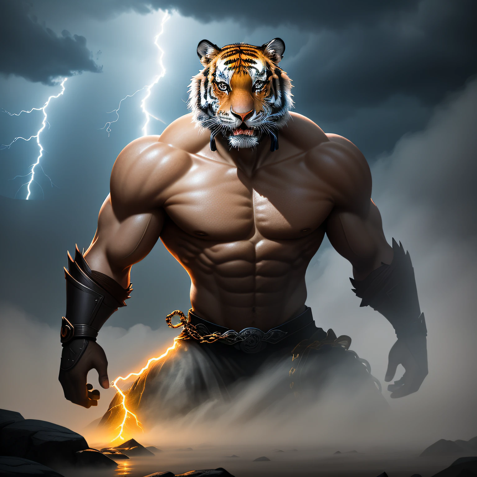 The tiger climbed the mountain hard,Bajiquan stunts,Pure mantra hard ginseng,Whole human body,Combat posture,Low viewing angle,Dim background,It was surrounded by a large amount of thick white fog,((an extremely delicate and beautiful one),((Men)),((lightning in hand)),Lightning surrounds men,((lightning chain)),Suspended crystals,There is lightning inside the crystal,unrealengine,masterpiece, the highest picture quality,highest resolution,8K,Extremely detailed images,Moon light,Shadow optimization,Realistic style