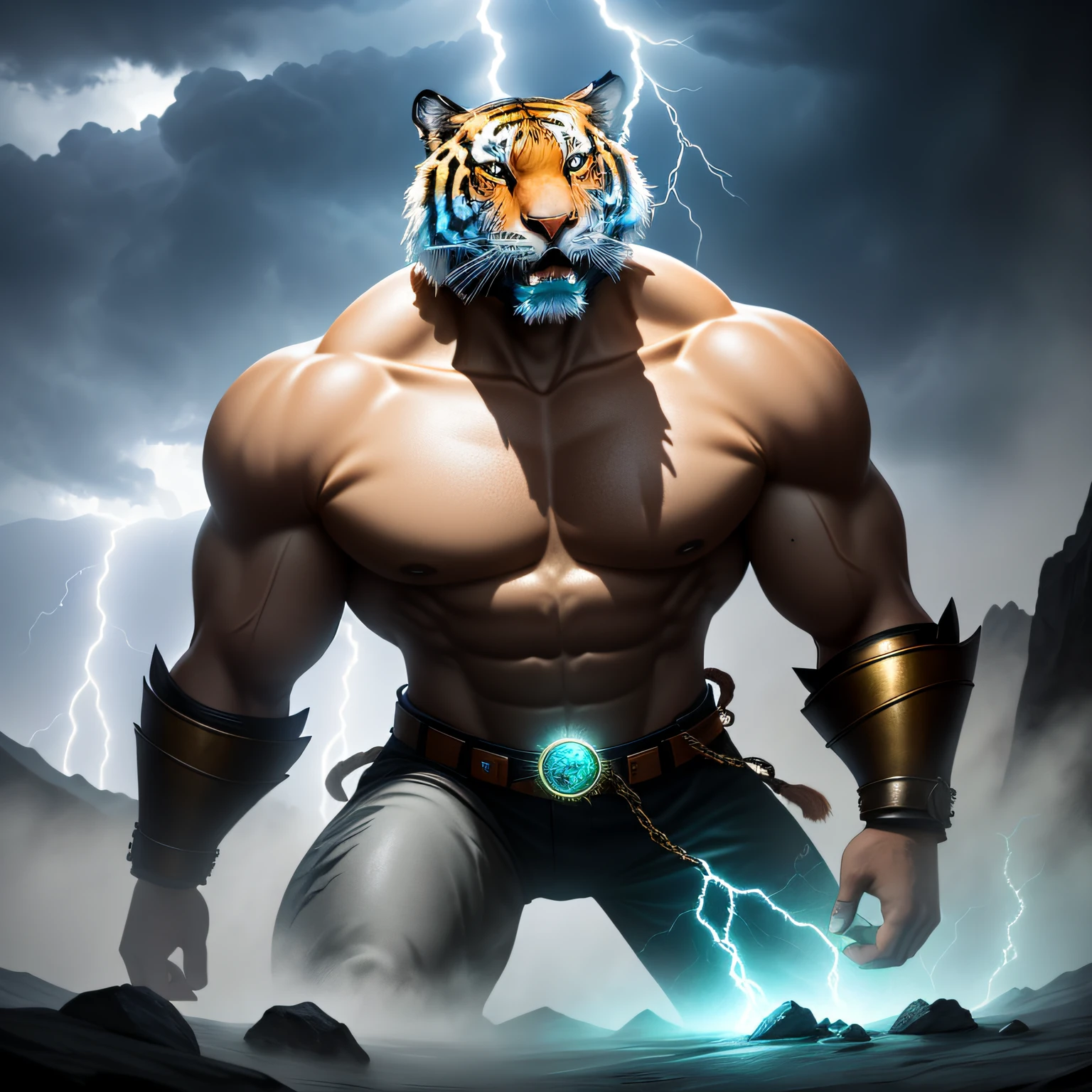 The tiger climbed the mountain hard,Bajiquan stunts,Pure mantra hard ginseng,Whole human body,Combat posture,Low viewing angle,Dim background,It was surrounded by a large amount of thick white fog,((an extremely delicate and beautiful one),((Men)),((lightning in hand)),Lightning surrounds men,((lightning chain)),Suspended crystals,There is lightning inside the crystal,unrealengine,masterpiece, the highest picture quality,highest resolution,8K,Extremely detailed images,Moon light,Shadow optimization,Realistic style