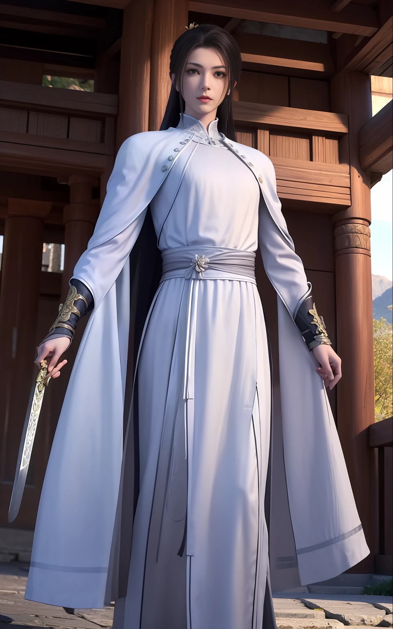swordsmen，White robe white，length hair，Ancient buildings，Deep mountains