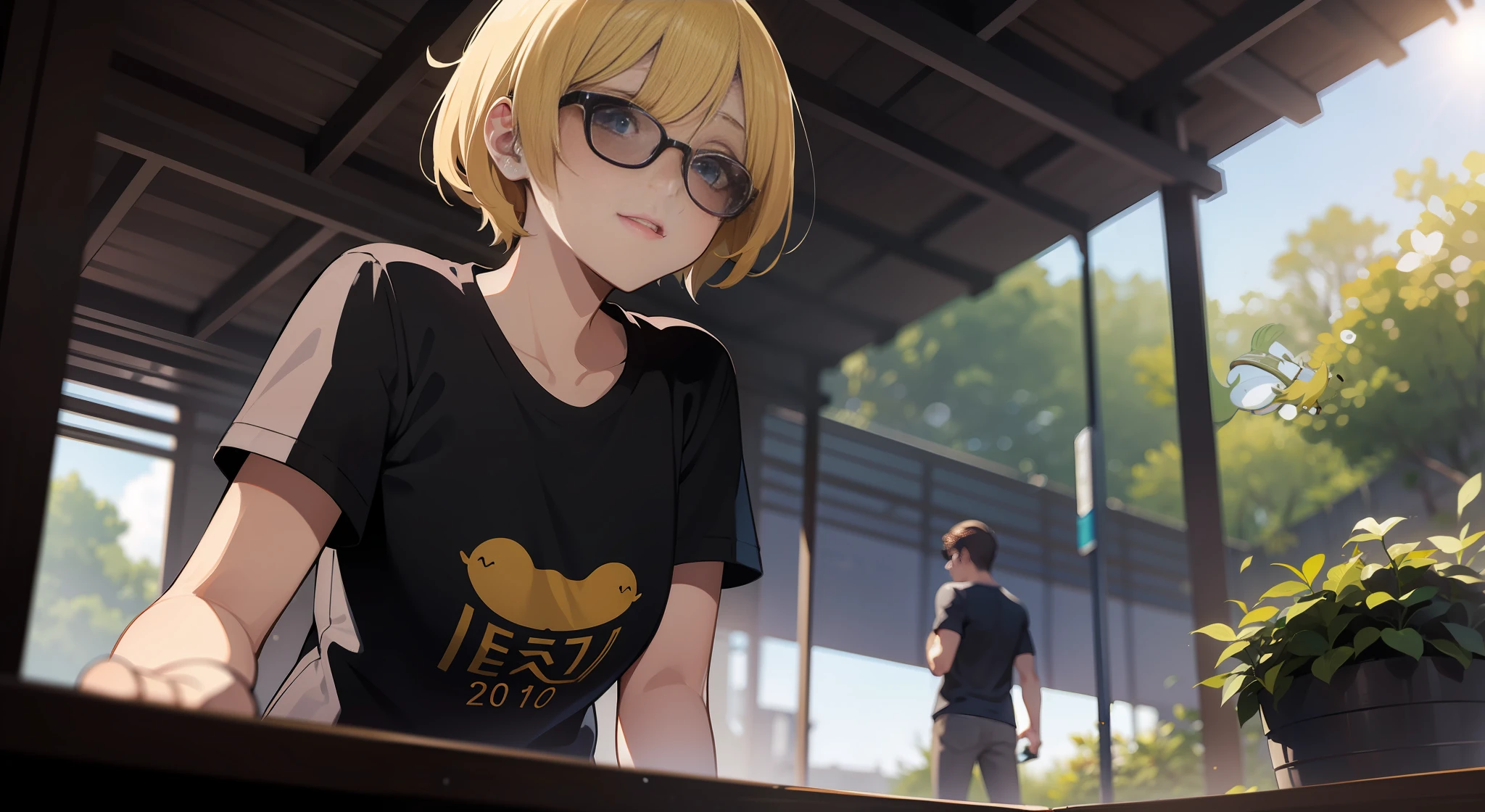 ((boceto)), mejores detalles, dynamic view, blusa amarilla,(1 chica + 1 chico:1.2), lentes transparentes ,camisa roja, blurred background of blurred trees.