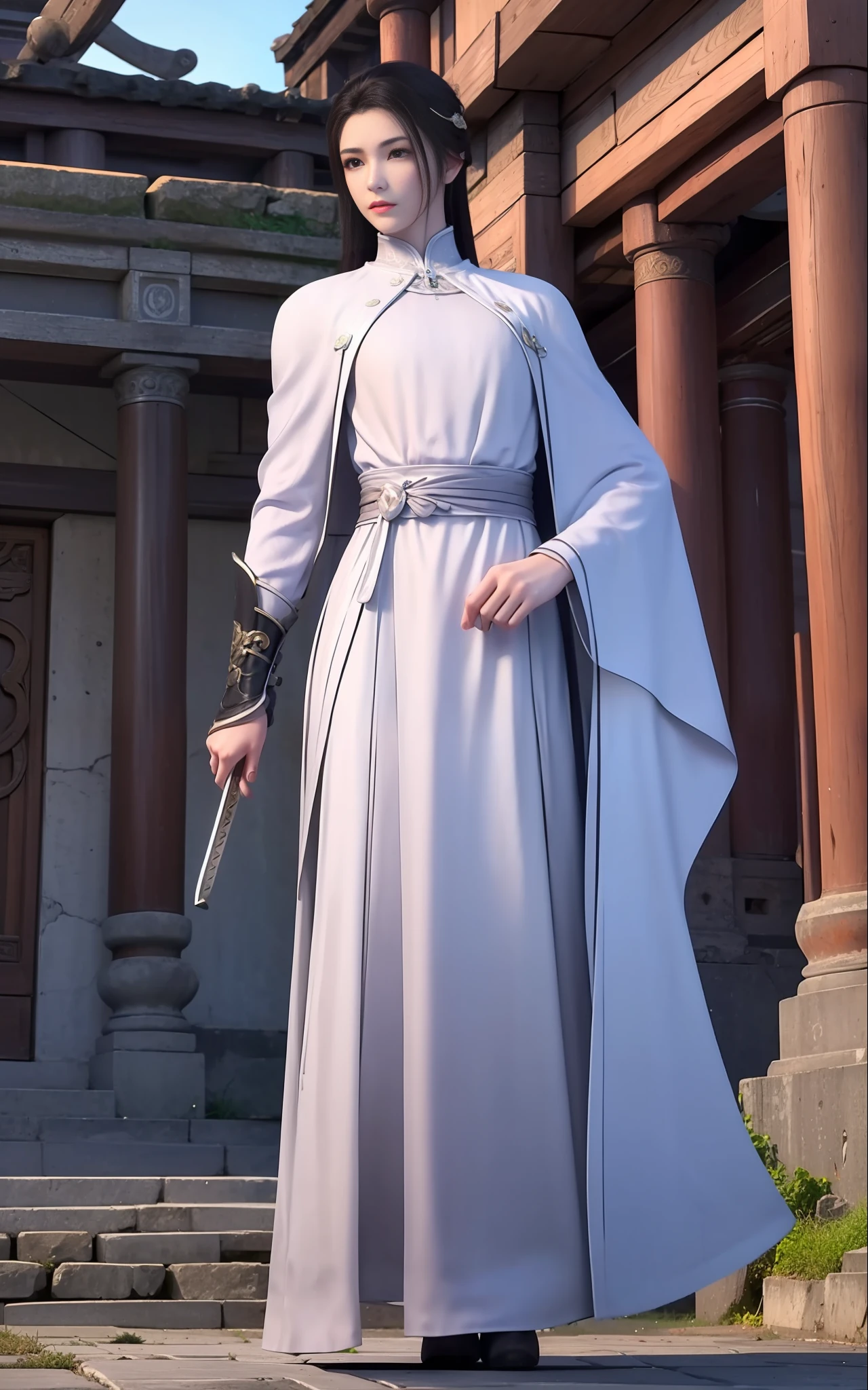 swordsmen,White robe white,length hair,Ancient buildings,Deep mountains