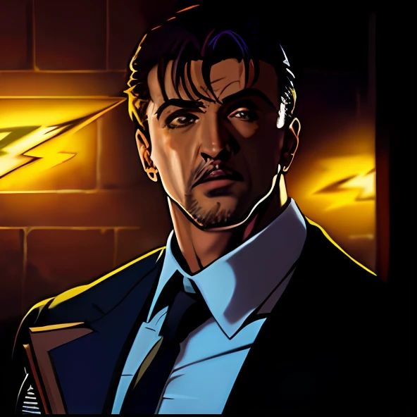 (((Cara confusa)), (comic styled), Silvester Stallone como policial, cena escura, ao ar livre a noite em uma fazenda, olhos azuis, fazenda Noturna, particles, Chuva leve, Foco masculino, (cabo de fluxo longo), noite, Chuva, lightning bolts, fundo detalhado, (arte de Frank Miller), obra-prima, (realista:1.3), perfect illumination, sombreamento perfeito, (textura realista do tecido), hiper-realista, (fotorrealista:1.5)