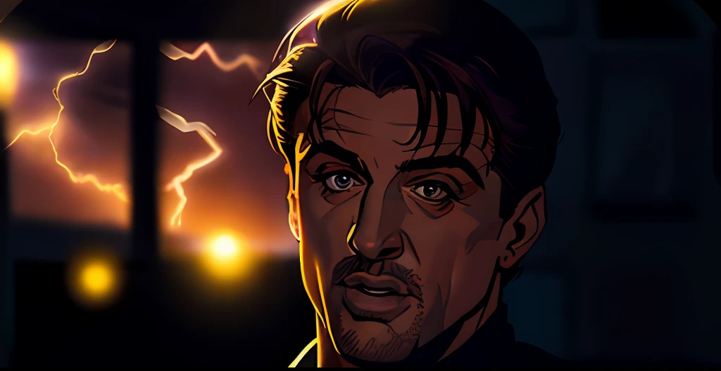(((Cara confusa)), (comic styled), Silvester Stallone como policial, cena escura, ao ar livre a noite em uma fazenda, olhos azuis, fazenda Noturna, particles, Chuva leve, Foco masculino, (cabo de fluxo longo), noite, Chuva, lightning bolts, fundo detalhado, (arte de Frank Miller), obra-prima, (realista:1.3), perfect illumination, sombreamento perfeito, (textura realista do tecido), hiper-realista, (fotorrealista:1.5)