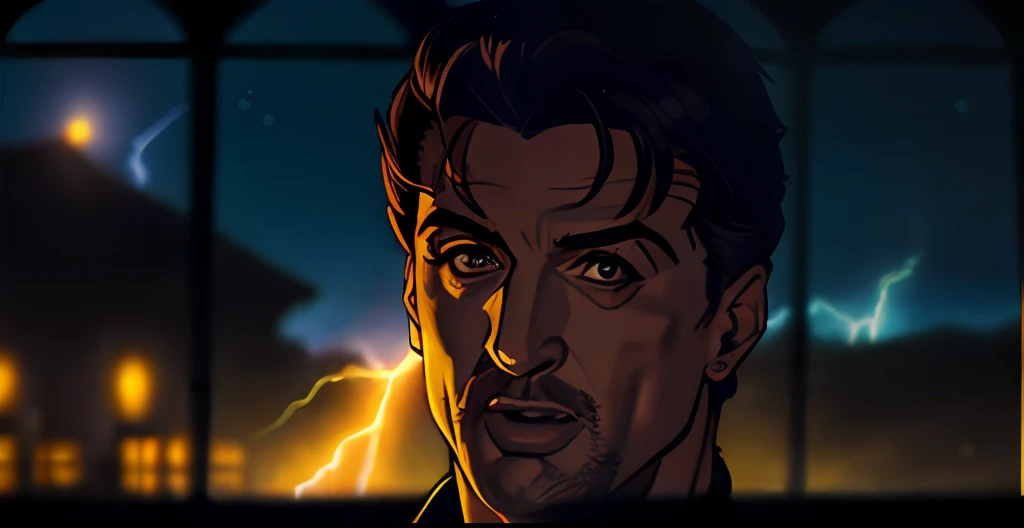 (((Cara confusa)), (comic styled), Silvester Stallone como policial, cena escura, ao ar livre a noite em uma fazenda, olhos azuis, fazenda Noturna, particles, Chuva leve, Foco masculino, (cabo de fluxo longo), noite, Chuva, lightning bolts, fundo detalhado, (arte de Frank Miller), obra-prima, (realista:1.3), perfect illumination, sombreamento perfeito, (textura realista do tecido), hiper-realista, (fotorrealista:1.5)