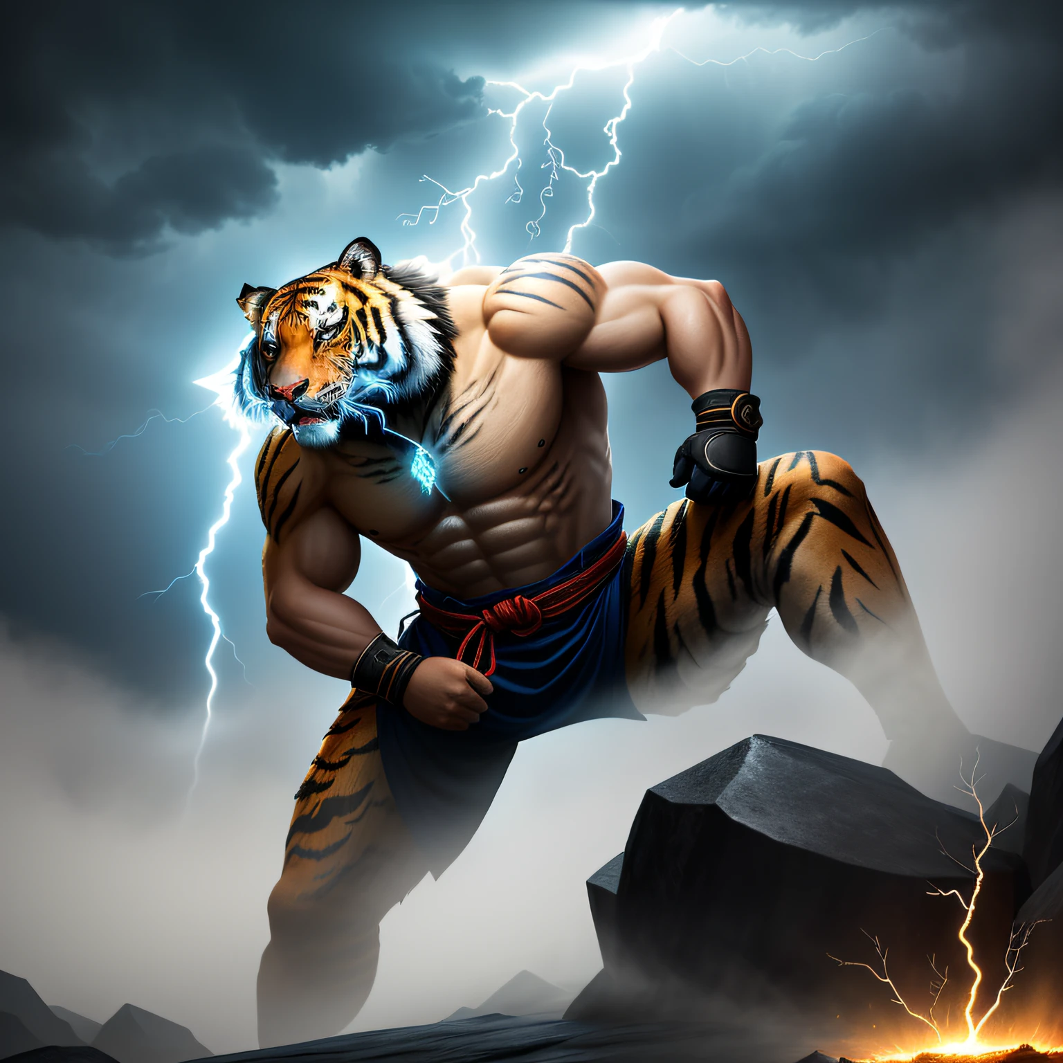 The tiger climbed the mountain hard,Bajiquan stunts,Pure mantra hard ginseng,Whole human body,Combat posture,Low viewing angle,Dim background,It was surrounded by a large amount of thick white fog,((an extremely delicate and beautiful one),((Men)),((lightning in hand)),Lightning surrounds men,((lightning chain)),Suspended crystals,There is lightning inside the crystal,unrealengine,巨作, the highest picture quality,highest resolution,8K,Extremely detailed images,Moon light,Shadow optimization,Realistic style
