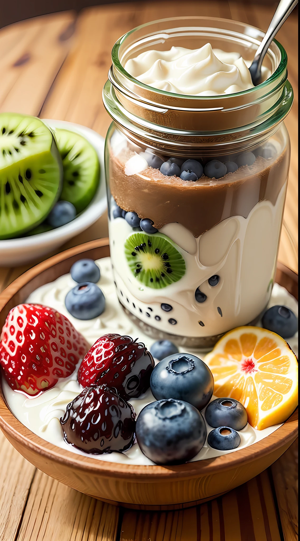2 tablespoons chia seeds 1 cup milk (can be cow's milk, vegetable milk or yogurt) 1 tablespoon honey or other sweetener of your choice 1 teaspoon vanilla extract (optional) Chopped fresh fruits (For example, strawberries, kiwi, mango, blueberries, etc.) for topping --auto --s2