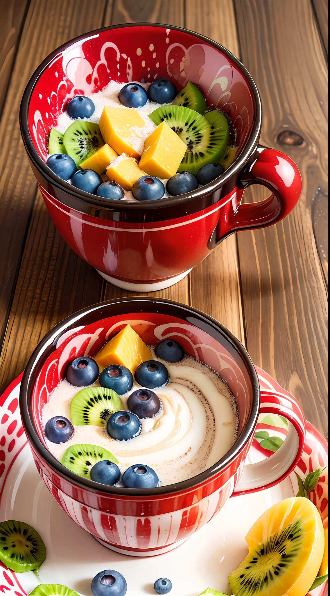 2 tablespoons chia seeds 1 cup milk (can be cow's milk, vegetable milk or yogurt) 1 tablespoon honey or other sweetener of your choice 1 teaspoon vanilla extract (optional) Chopped fresh fruits (For example, strawberries, kiwi, mango, blueberries, etc.) for topping --auto --s2