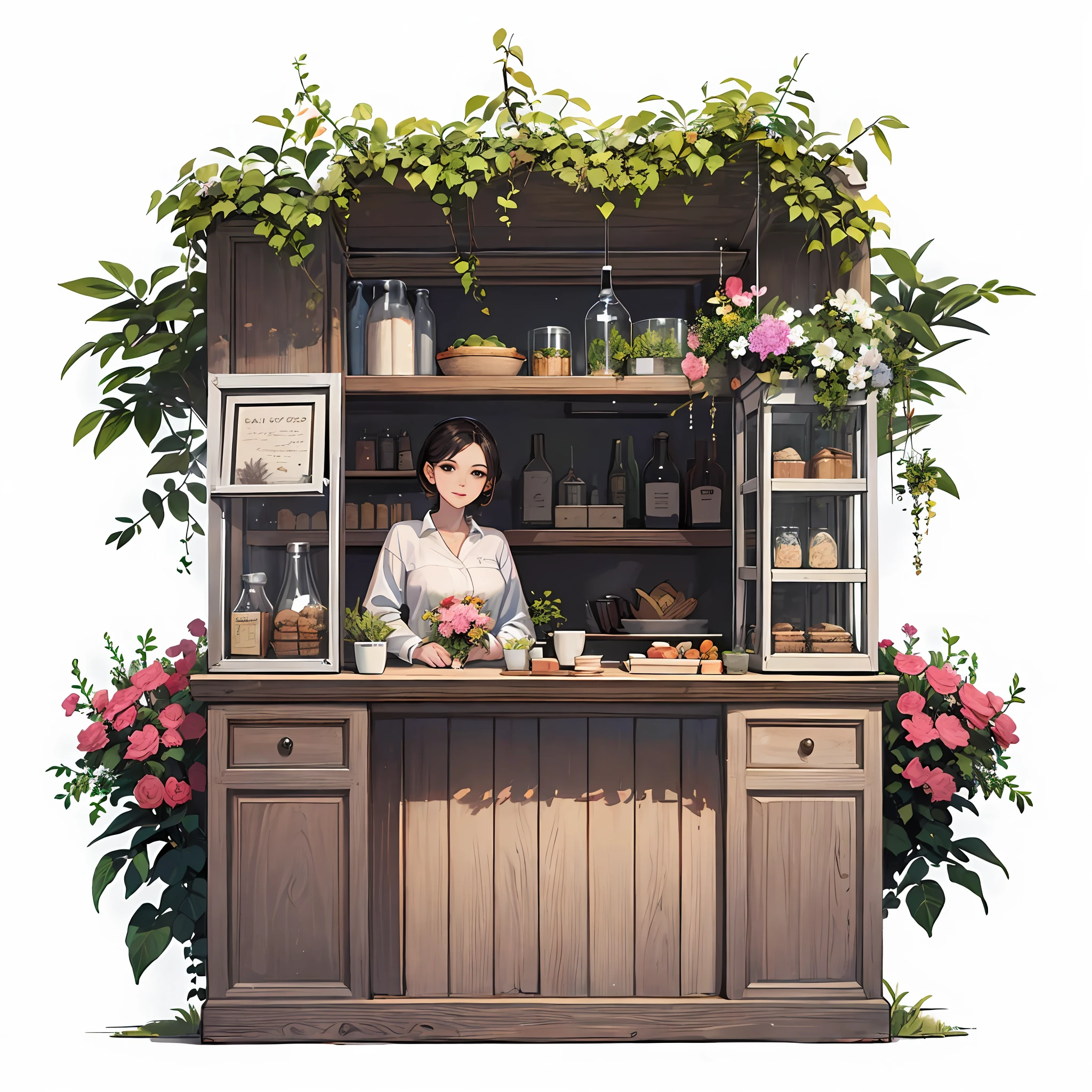 White background,Booth architecture,1 lovely woman standing behind the stall cabinet、Sell something,Trees and flowers decorated,Booth cabinets,delicacies,Clear facial features,masterpaintings,Best Quority,ultra-high-resolution