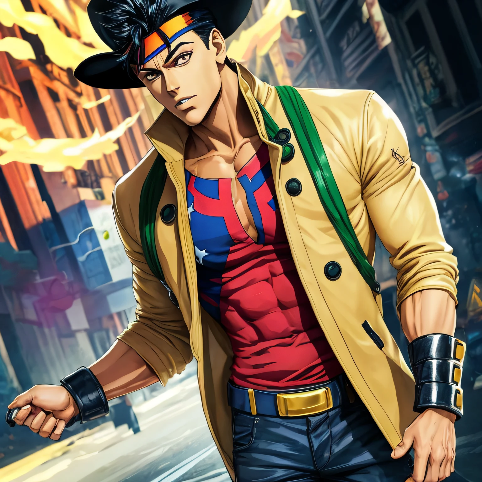 jojo's bizarre adventure, aura, homem anime, vibrante, poderes, roupa colorida --auto