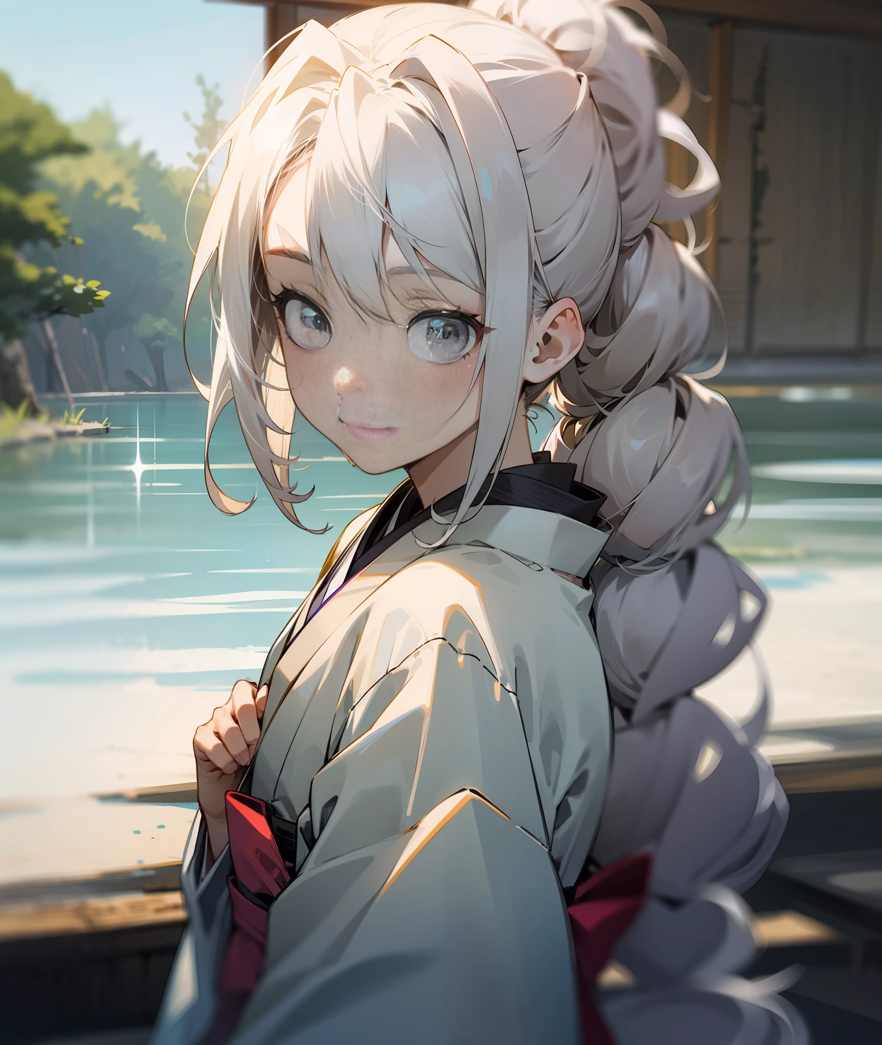 1girl, grey eyes, white hair, small scars, human, grey kimono, soft smile, calm, kind, hair up, hair in bow