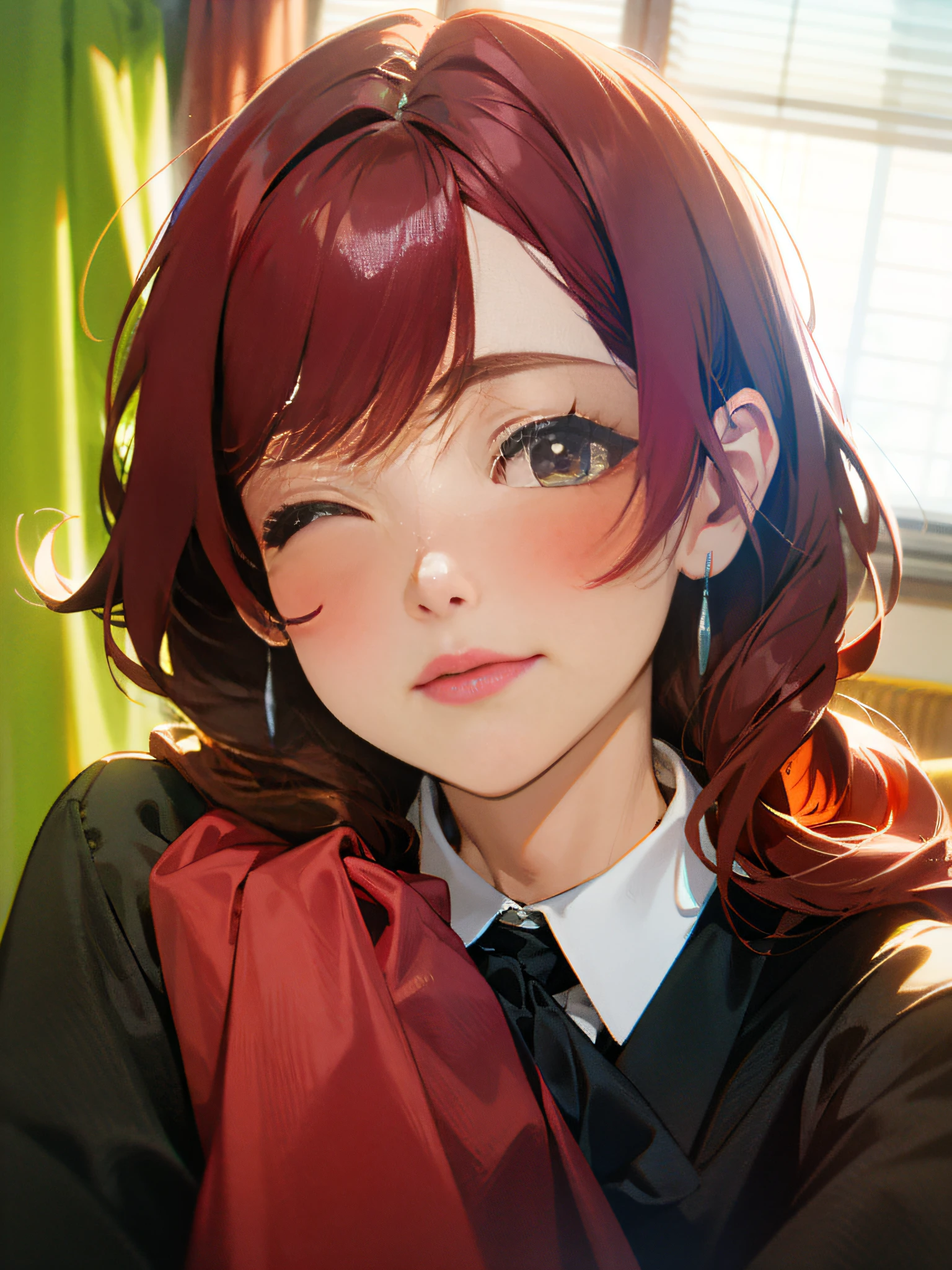 Long hair shawl, lovly, Teen girls, Pout, Pay attention to hair details, Anime comic style, Close your right eye, The left eye is open, wink, Delicate facial features, disney's princess, little mermaid, Room at home, black topwear, Thick lips, No hats, skin fair。, red hair, one eye closed, puckered lips, tsundere, Fujicolor, UHD, highres, textured skin, masterpiece, ccurate
