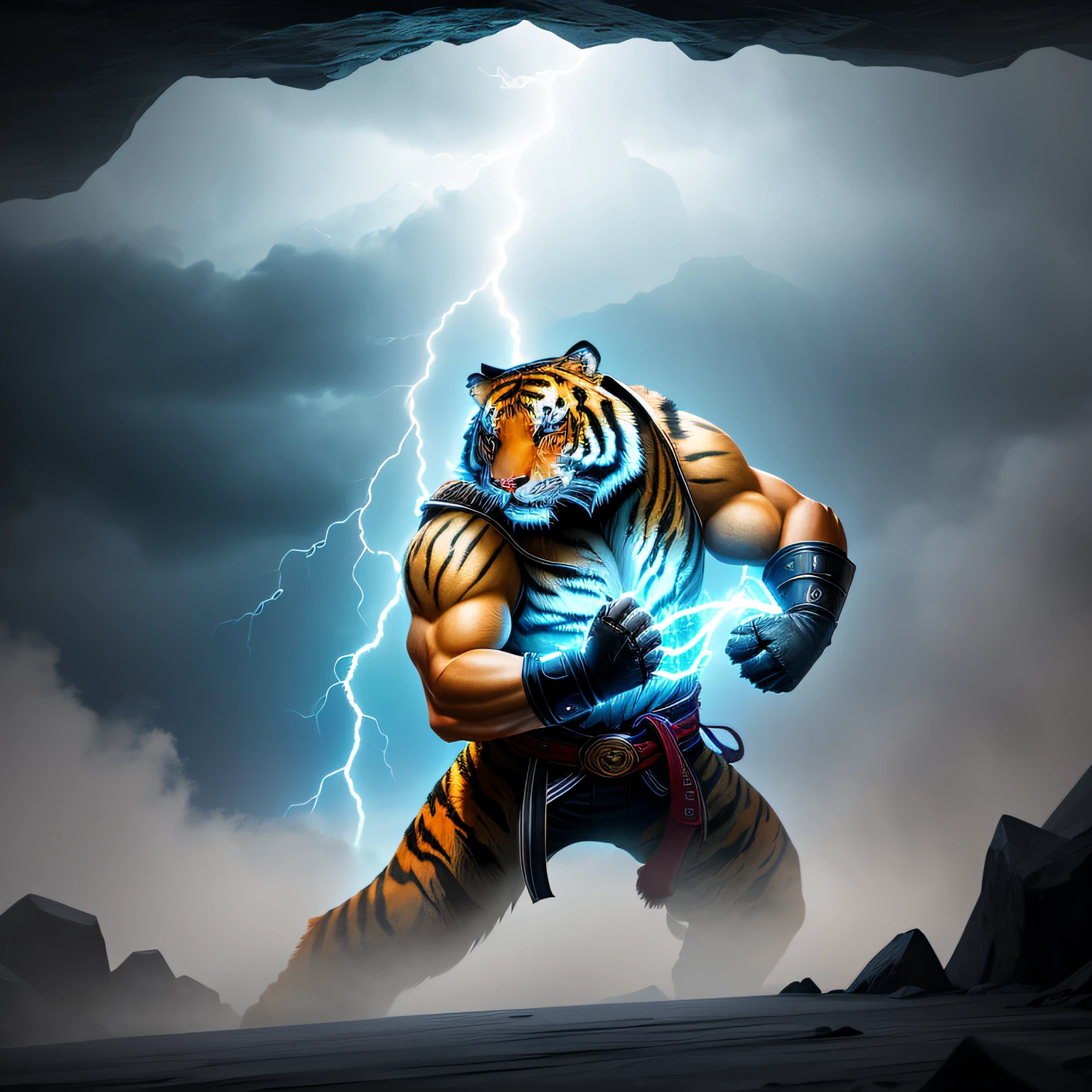 The tiger climbed the mountain hard，Bajiquan stunts，Pure mantra hard ginseng，Whole human body，Combat posture，Low viewing angle，Dim background，It was surrounded by a large amount of thick white fog，（（an extremely delicate and beautiful one），（（Men）），（（lightning in hand）），Lightning surrounds men，（（lightning chain）），Suspended crystals，There is lightning inside the crystal，unrealengine，巨作， the highest picture quality，highest resolution，8K,Extremely detailed images，Moon light，Shadow optimization，Realistic style