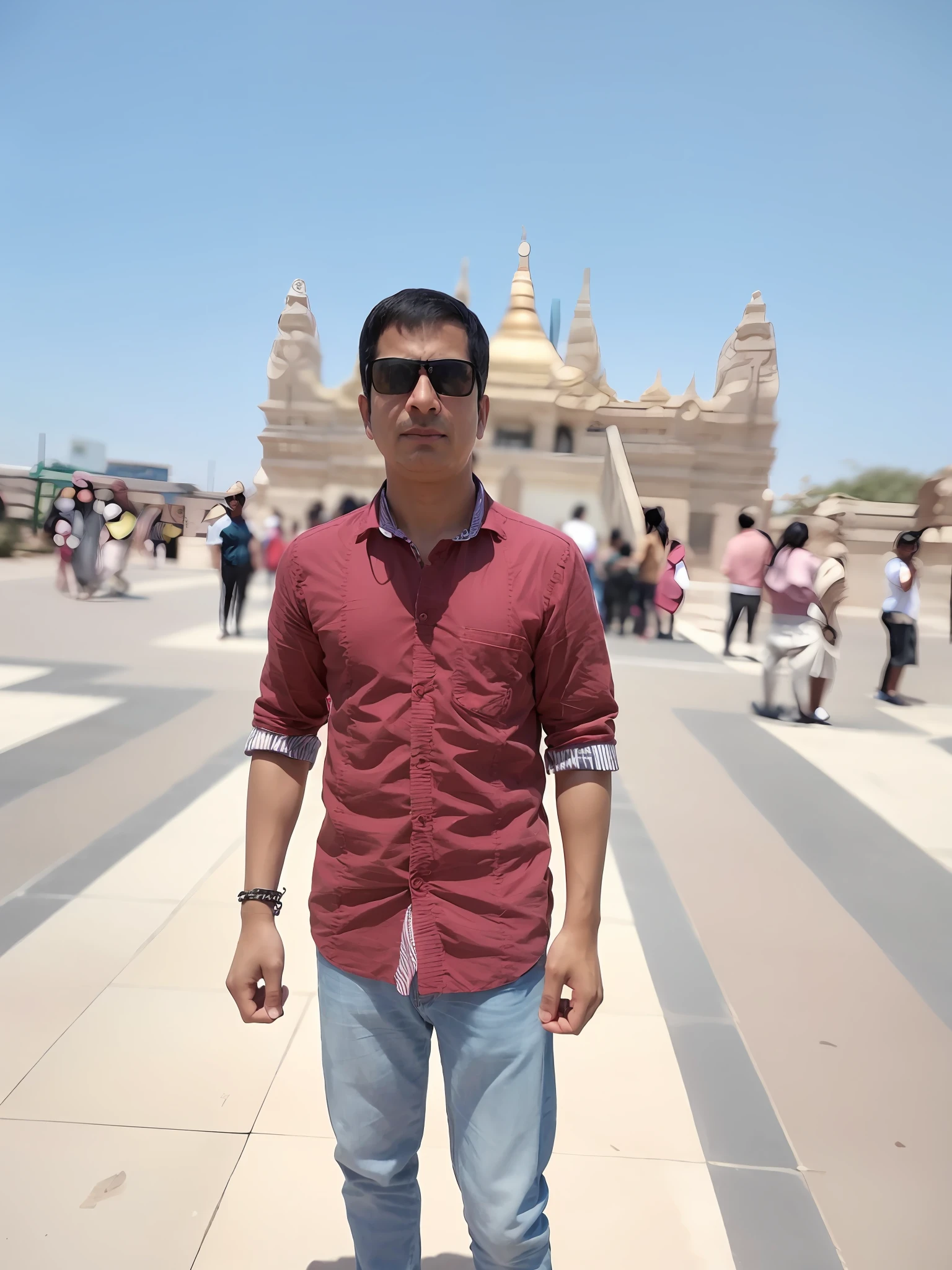 arafed man standing in front of a large building with a clock tower, in front of a temple, in front of the temple, temple in the background, photo taken with sony a7r camera, candid picture, indian temple, photo taken with canon 5d, inspired by Kailash Chandra Meher, shot with premium dslr camera