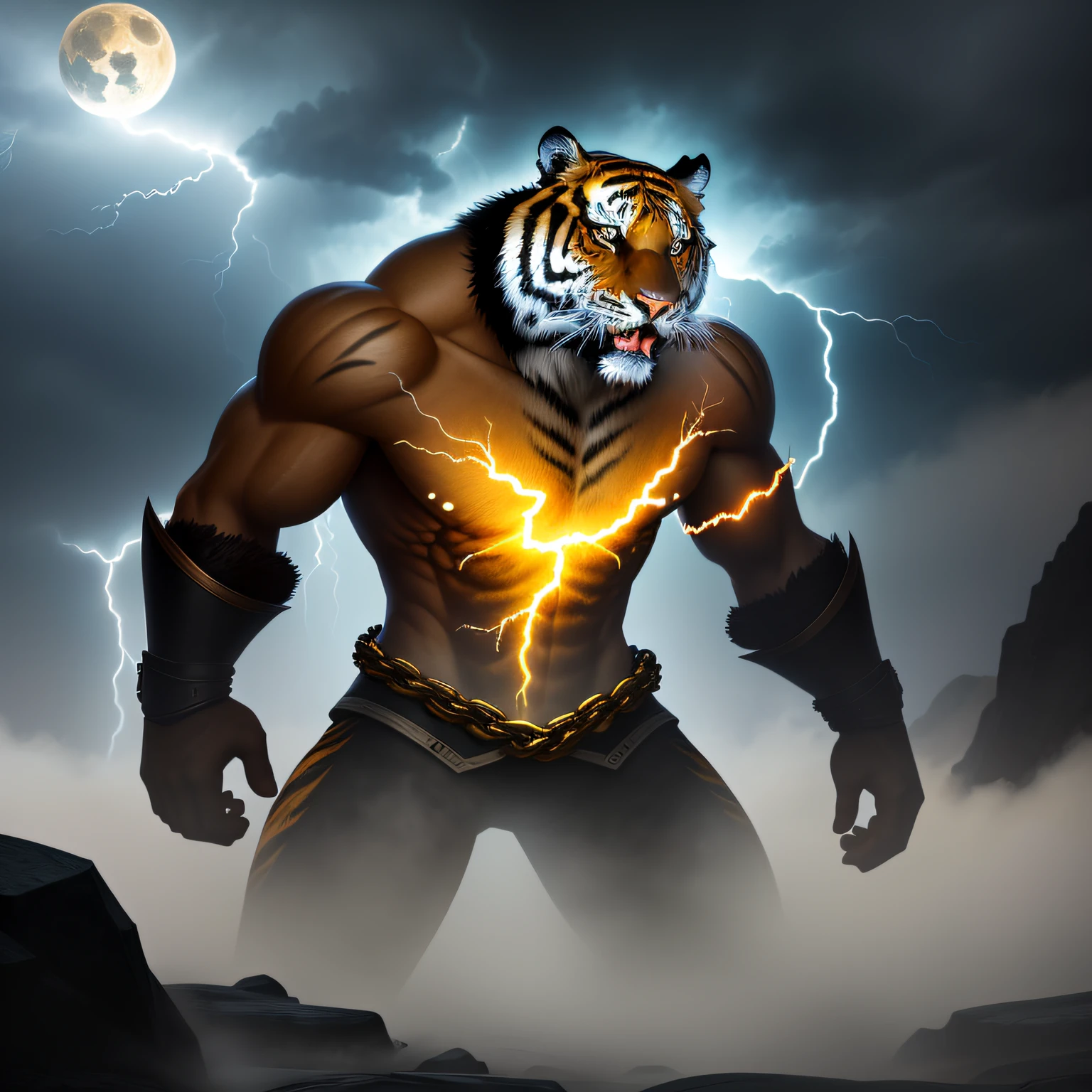 The tiger climbed the mountain hard,Bajiquan stunts,Pure mantra hard ginseng,Whole human body,Combat posture,Low viewing angle,Dim background,It was surrounded by a large amount of thick white fog,((an extremely delicate and beautiful one),((Men)),((lightning in hand)),Lightning surrounds men,((lightning chain)),Suspended crystals,There is lightning inside the crystal,unrealengine,巨作, the highest picture quality,highest resolution,8K,Extremely detailed images,Moon light,Shadow optimization,Realistic style