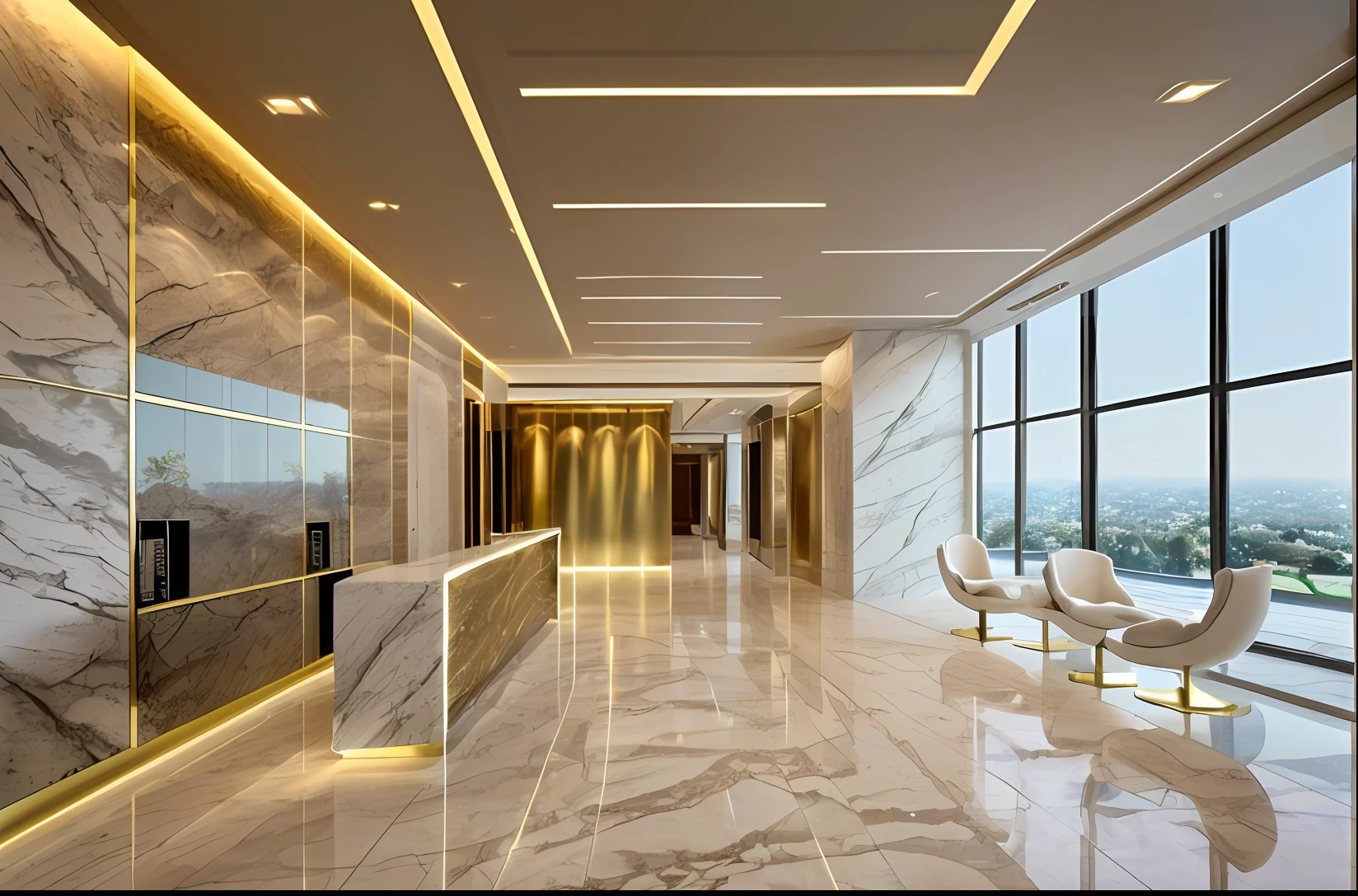 (masterpiece),(high quality), best quality, real,(realistic), super detailed, (full detail),(4k),8k , (Luxurious space), White solid surface for the reception counter combine brass ron decorative   (Luxury material) . View to the city . white granite stone flooring combine brass decorative ron , Ceiling in white color combine center big panels light (luxurious space)