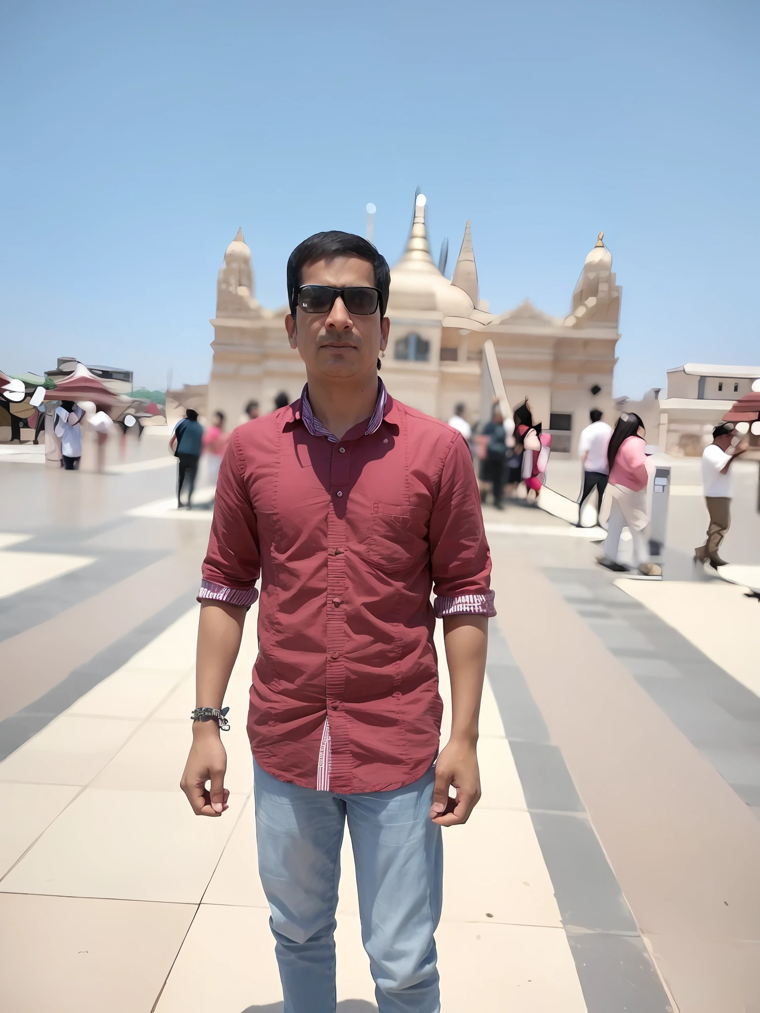 arafed man standing in front of a large building with a clock tower, in front of a temple, in front of the temple, temple in the background, photo taken with sony a7r camera, candid picture, indian temple, photo taken with canon 5d, inspired by Kailash Chandra Meher, shot with premium dslr camera