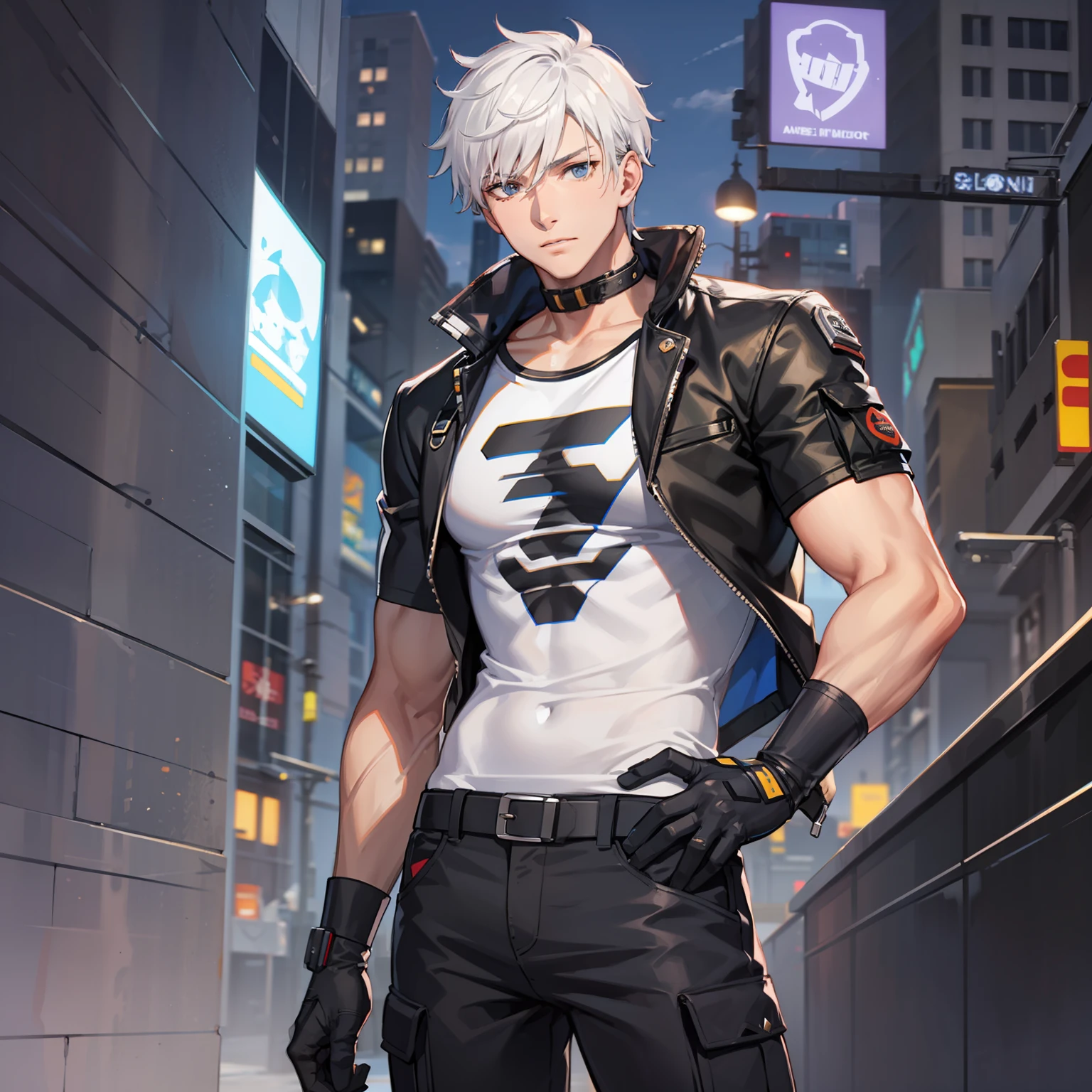 male cyborg, White hair, T-shirt, cargo pants