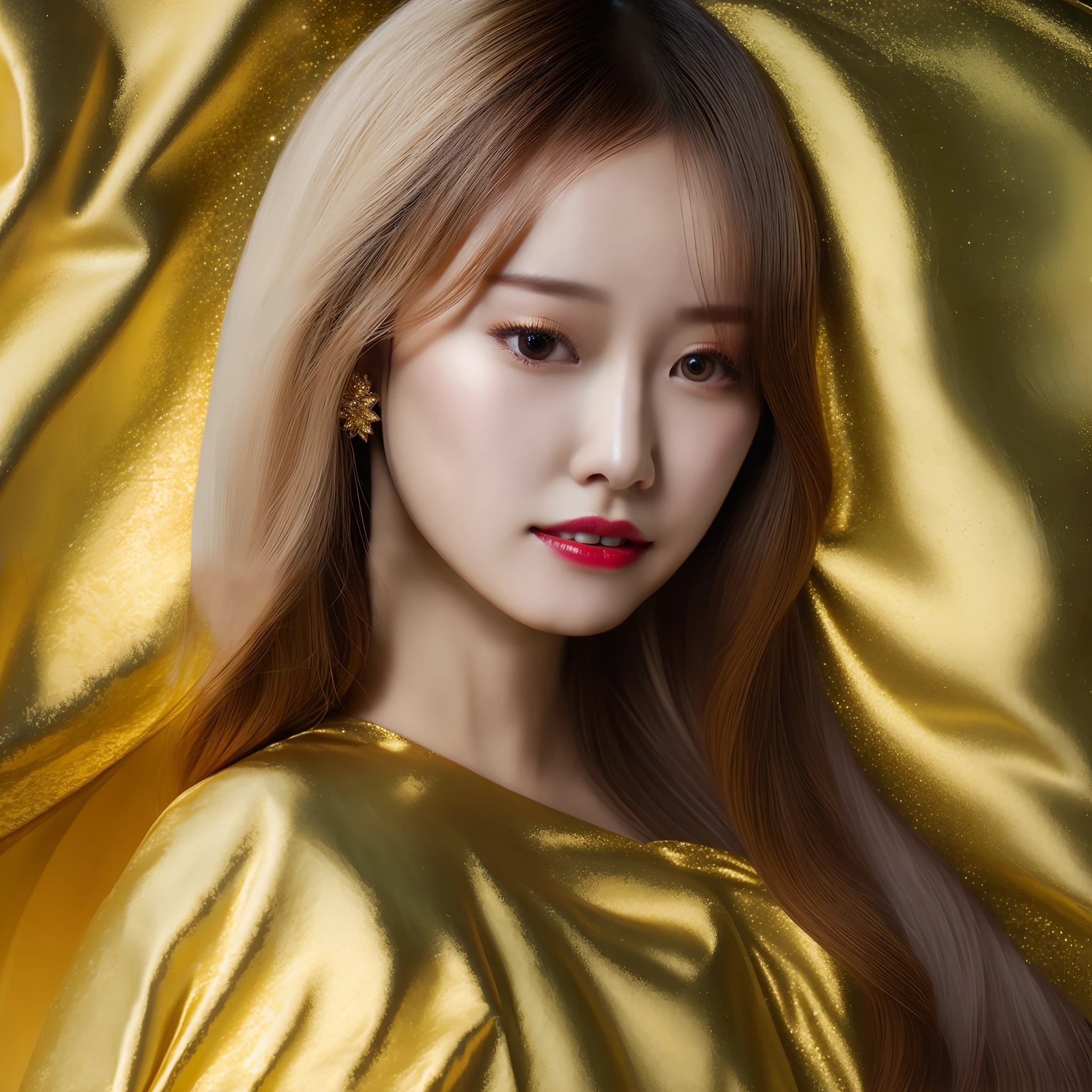 Liu Yifei, period cape, white dress, fairy, golden eye shadow, golden lipstick, blonde hair