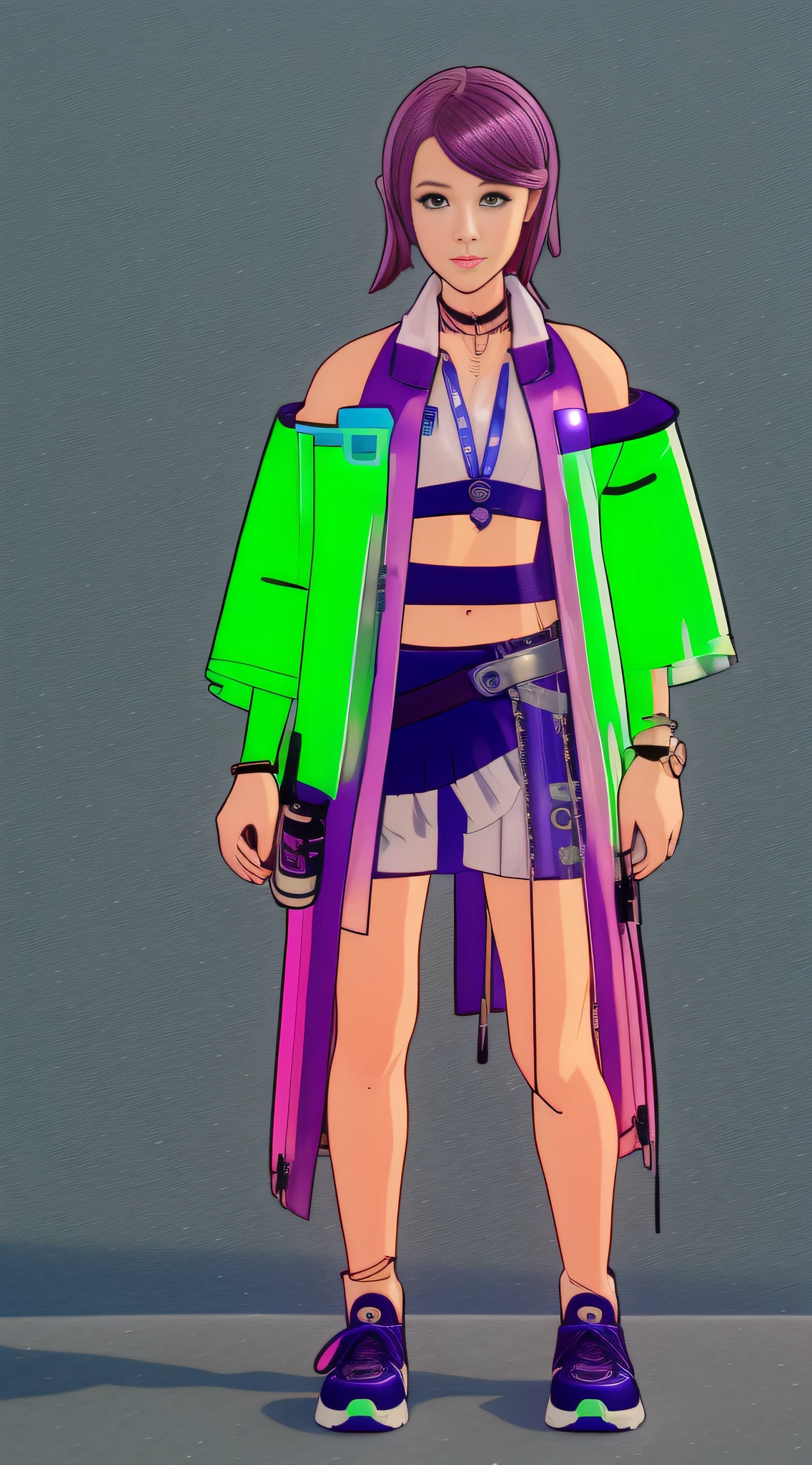 Cyberpunk Girl wearing a phosphorescent yellow green clothes and sneakers