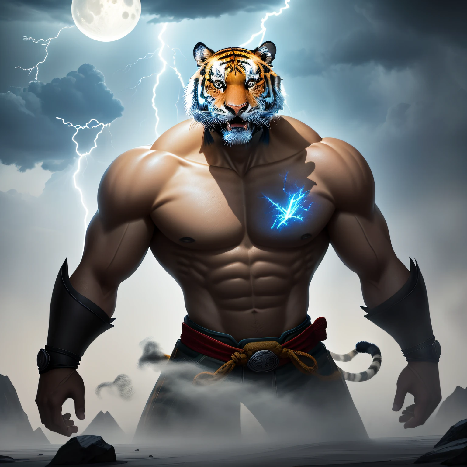 The tiger climbed the mountain hard,Bajiquan stunts,Pure mantra hard ginseng,Whole human body,Combat posture,Low viewing angle,Dim background,It was surrounded by a large amount of thick white fog,((an extremely delicate and beautiful one),((Men)),((lightning in hand)),Lightning surrounds men,((lightning chain)),Suspended crystals,There is lightning inside the crystal,unrealengine,巨作, the highest picture quality,highest resolution,8K,Extremely detailed images,Moon light,Shadow optimization,Realistic style