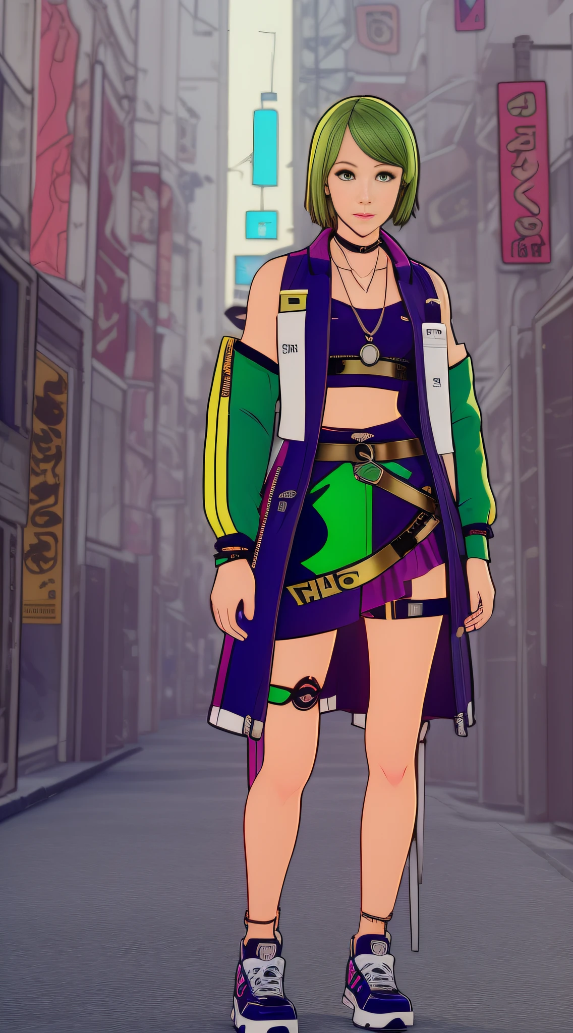Cyberpunk Girl wearing a phosphorescent yellow green clothes and sneakers