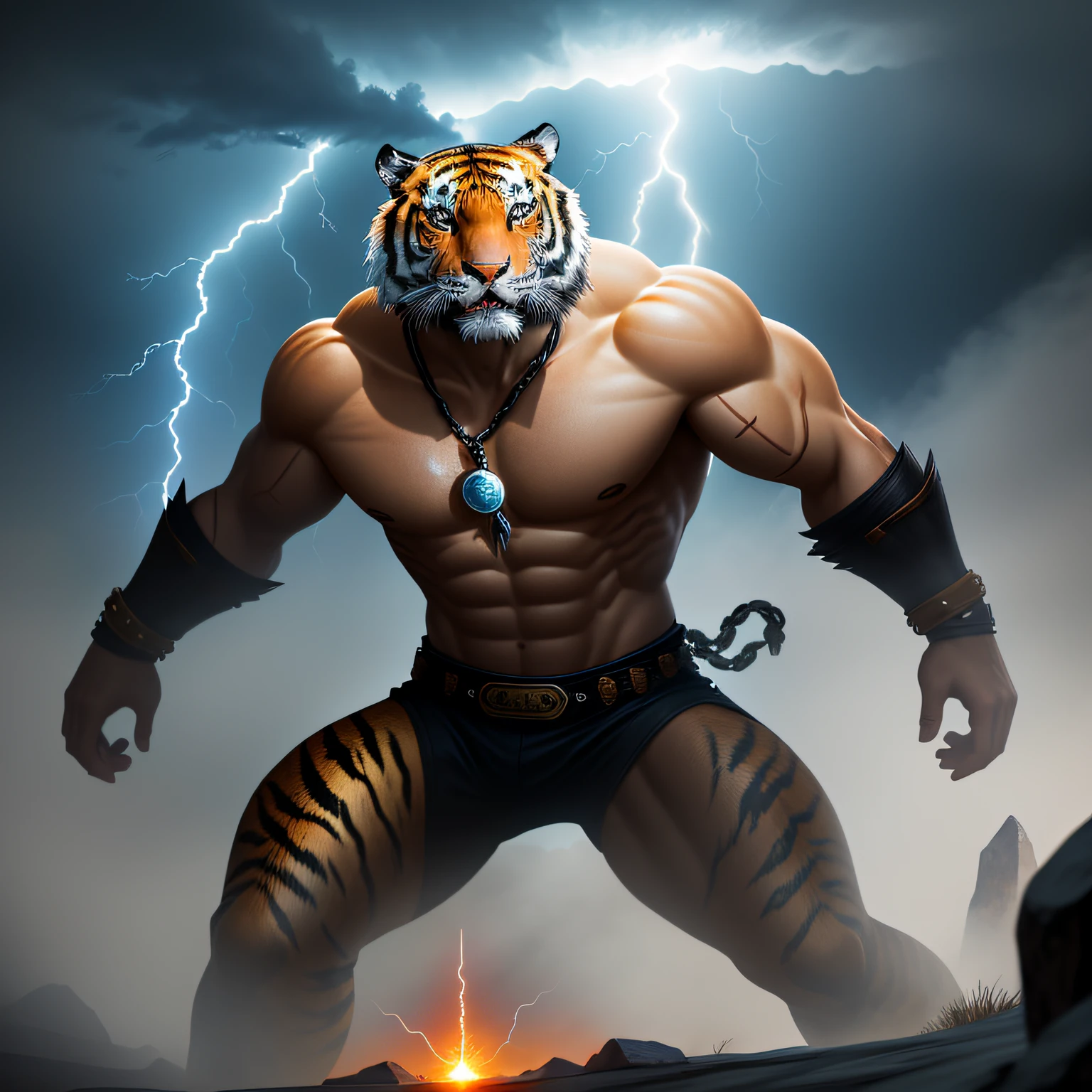 The tiger climbed the mountain hard,Bajiquan stunts,Pure mantra hard ginseng,Whole human body,Combat posture,Low viewing angle,Dim background,It was surrounded by a large amount of thick white fog,((an extremely delicate and beautiful one),((Men)),((lightning in hand)),Lightning surrounds men,((lightning chain)),Suspended crystals,There is lightning inside the crystal,unrealengine,巨作, the highest picture quality,highest resolution,8K,Extremely detailed images,Moon light,Shadow optimization,Realistic style