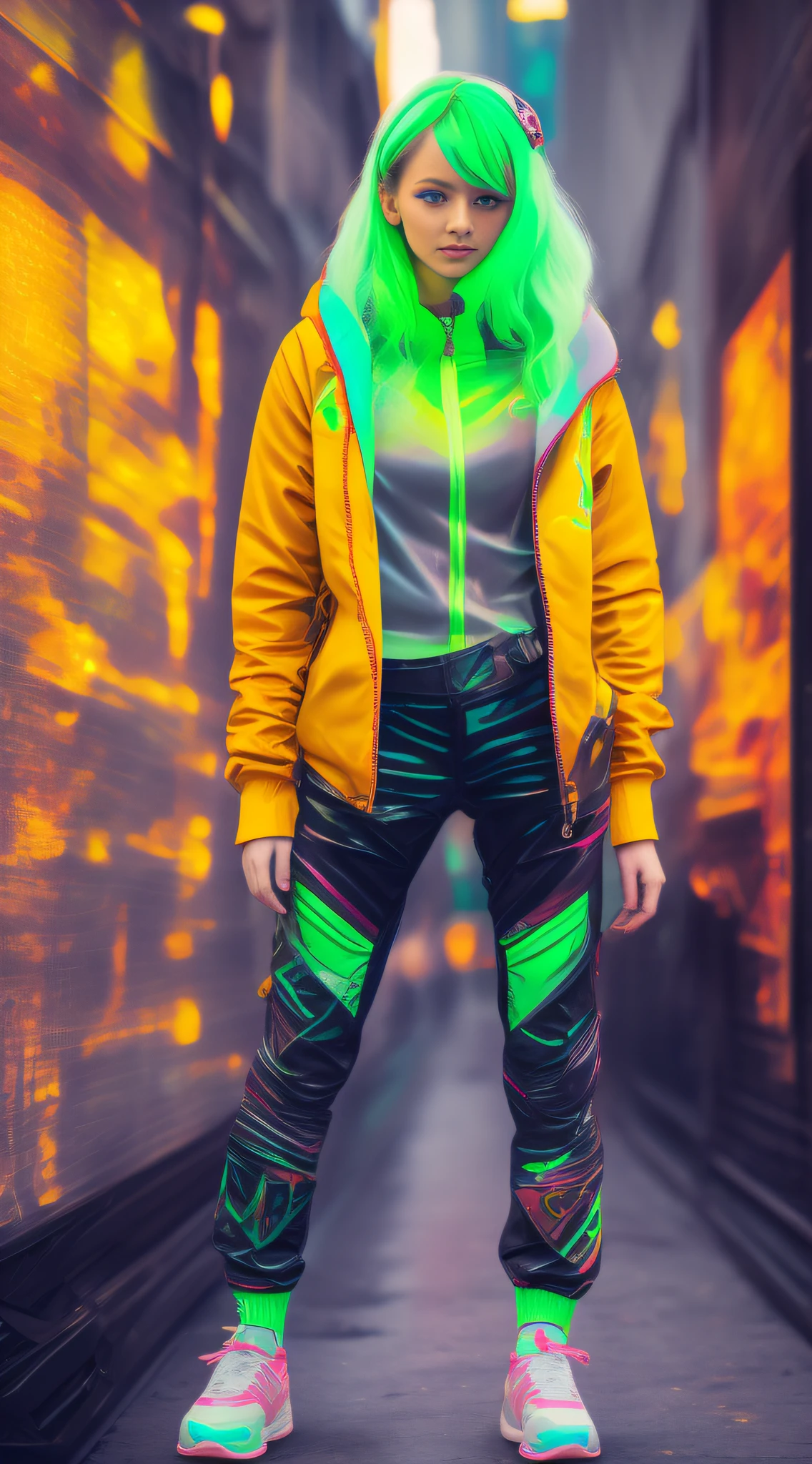 Cyberpunk Girl wearing a phosphorescent yellow green clothes and sneakers