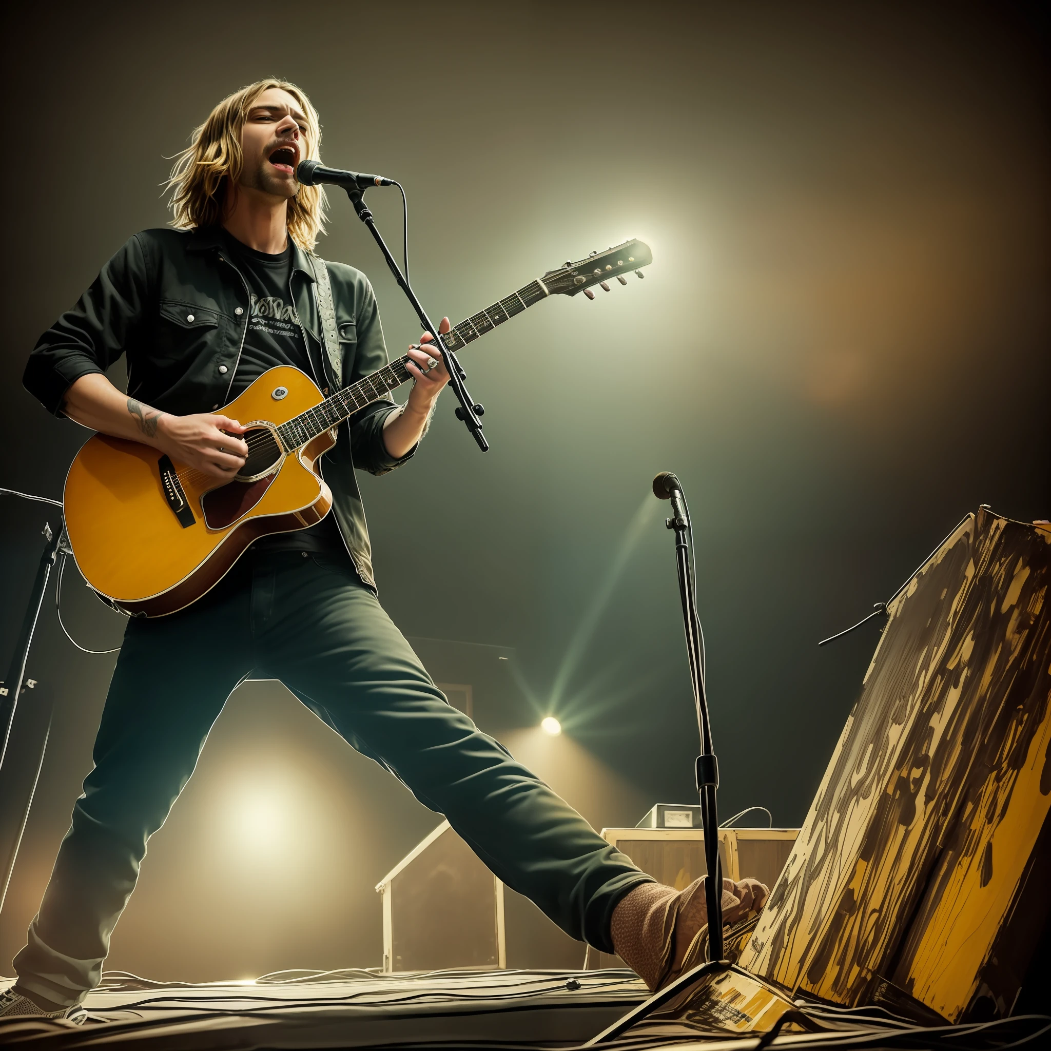 "((masterpiece)), best quality, ultra-detailed, extremely detailed, vivid and lifelike portrait of Kurt Cobain singing, dynamic pose and angle, high resolution, clear and sharp, low light illumination, grunge style, vintage color palette, concert atmosphere."