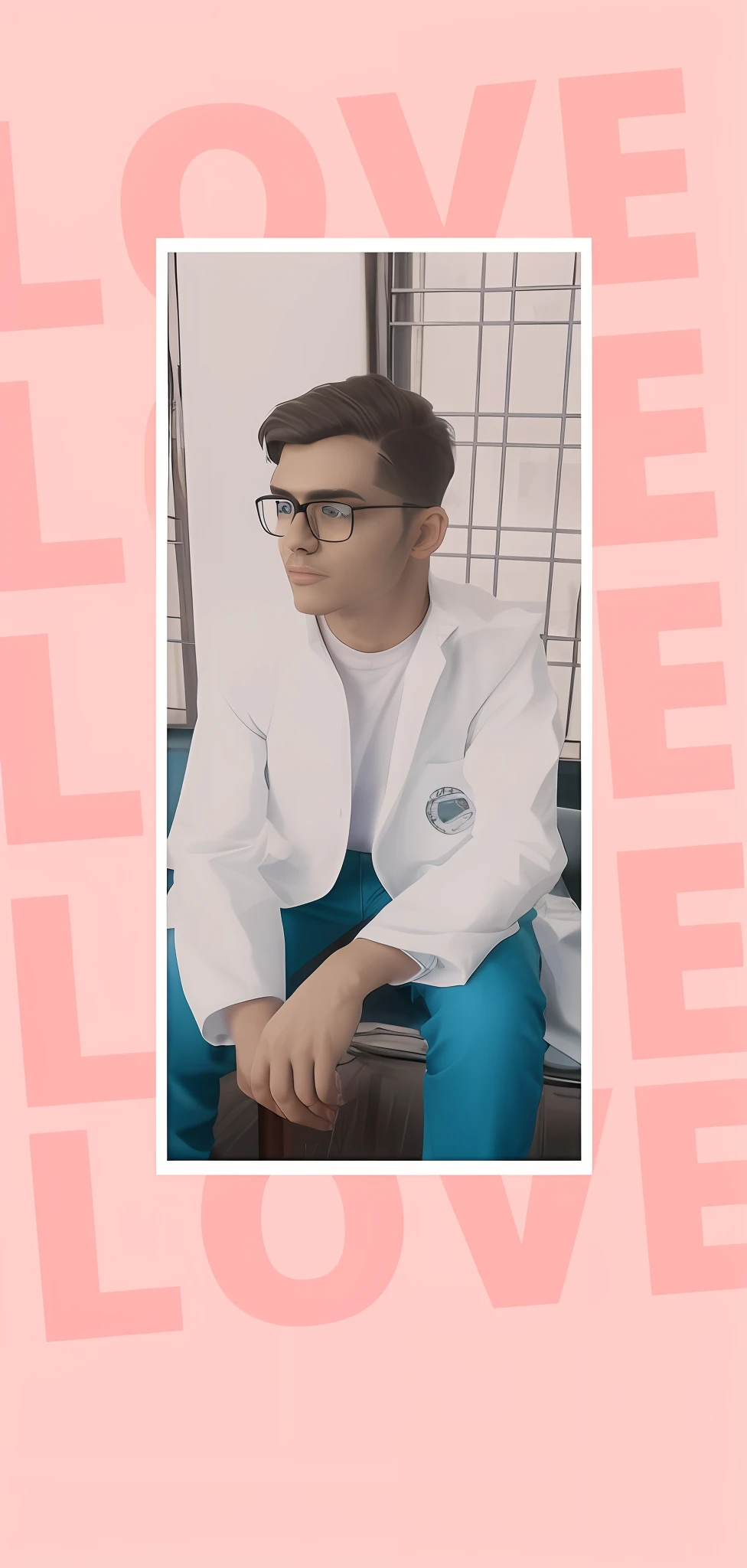 A man with glasses, Textured garments, poised poise, dramatic angles, geometric shapes, contrasts of light and shadow, slick futurism, avant-garde styling, high-tech backdrop, crisp lines, ultra-high resolution, neon background. 3d character. Restore the face. Increase the qulatity of photo. Realistic 3d potrait of this man