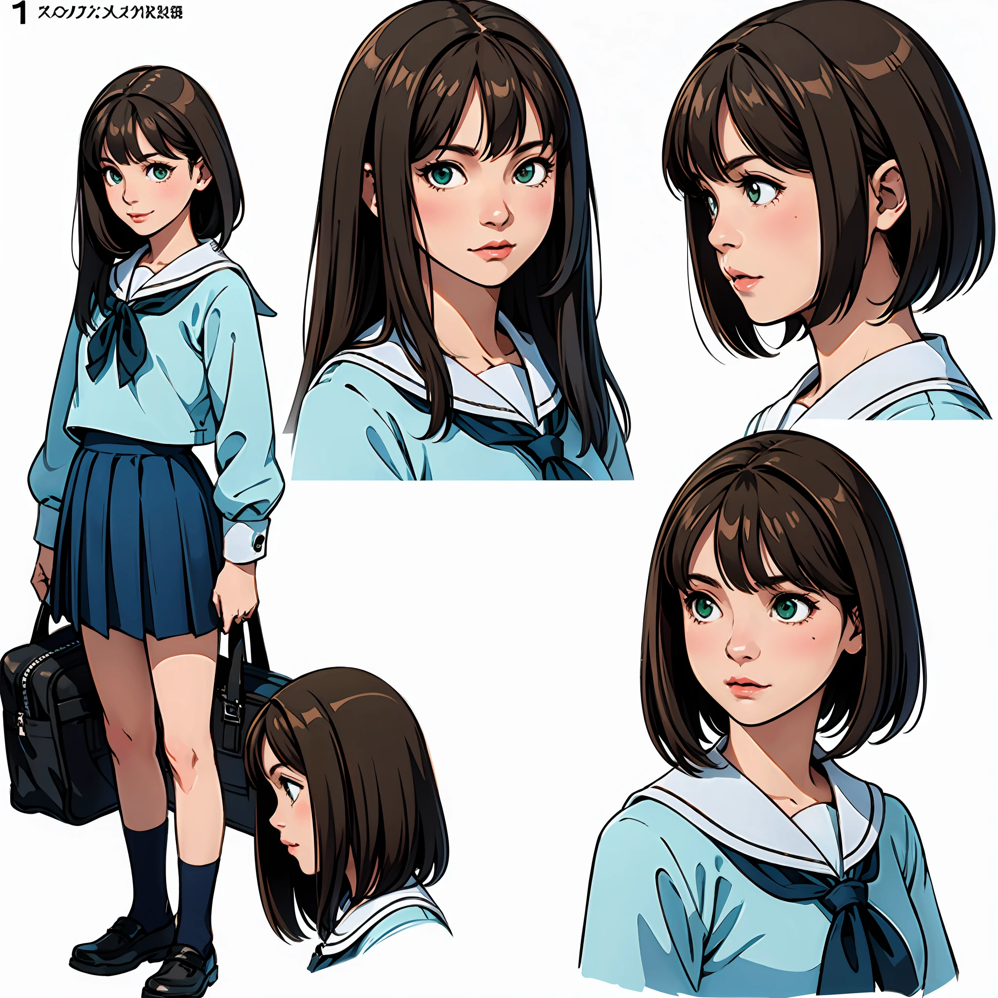 (masterpiece), best quality, (character design sheet, same character, full body, side, back), illustration, (beautiful detailed hair detailed face), 1 young girl, solo, perfect feminine face, very cute young girl, pose zitai, detailed design character, chesnut brown hair, left sided bangs, shorr length hair, green eyes, school uniform, (simple background, white background: 1.3)