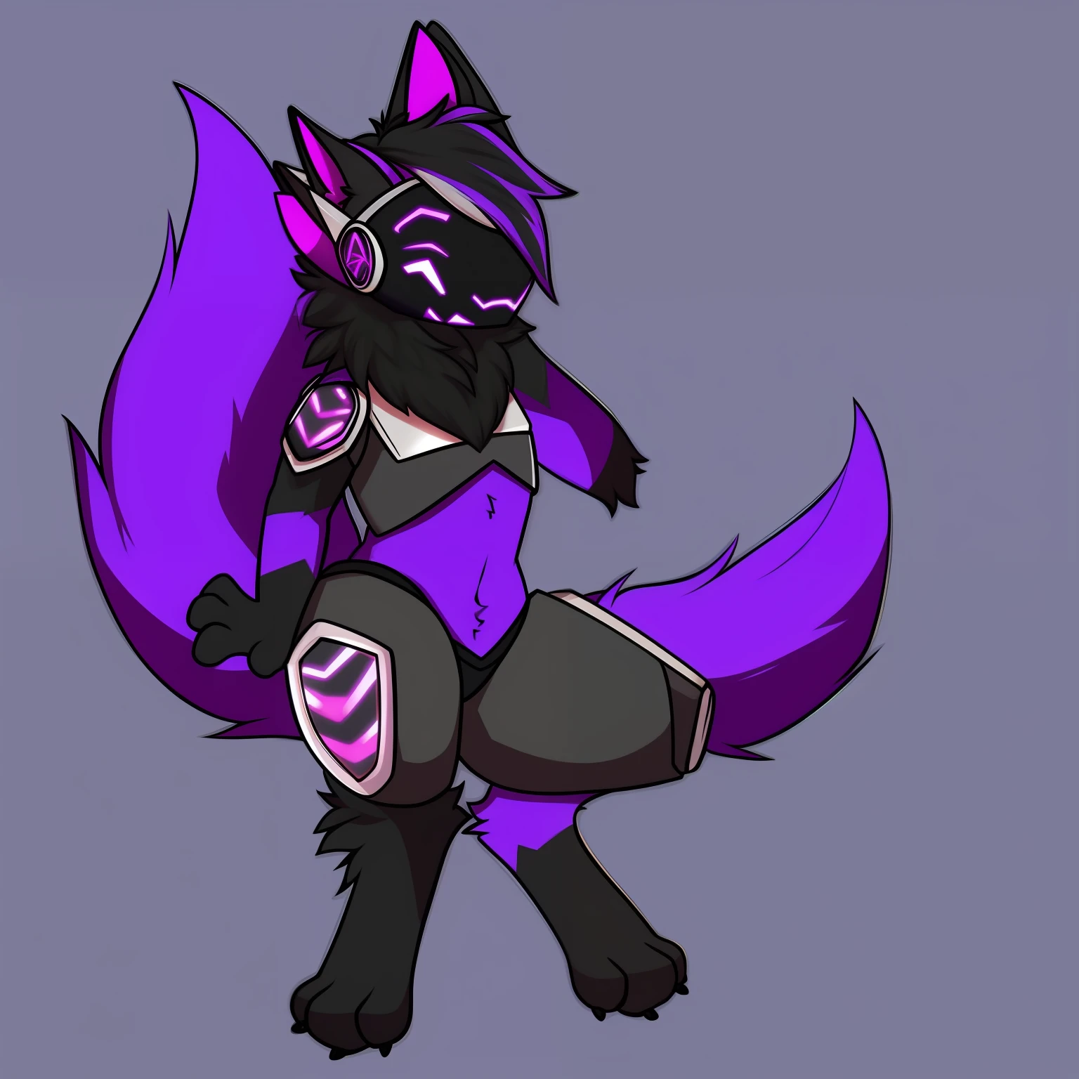 Protogen, pelaje plateado y ojos verdes, pelaje suave, cuerpo detallado, de pie