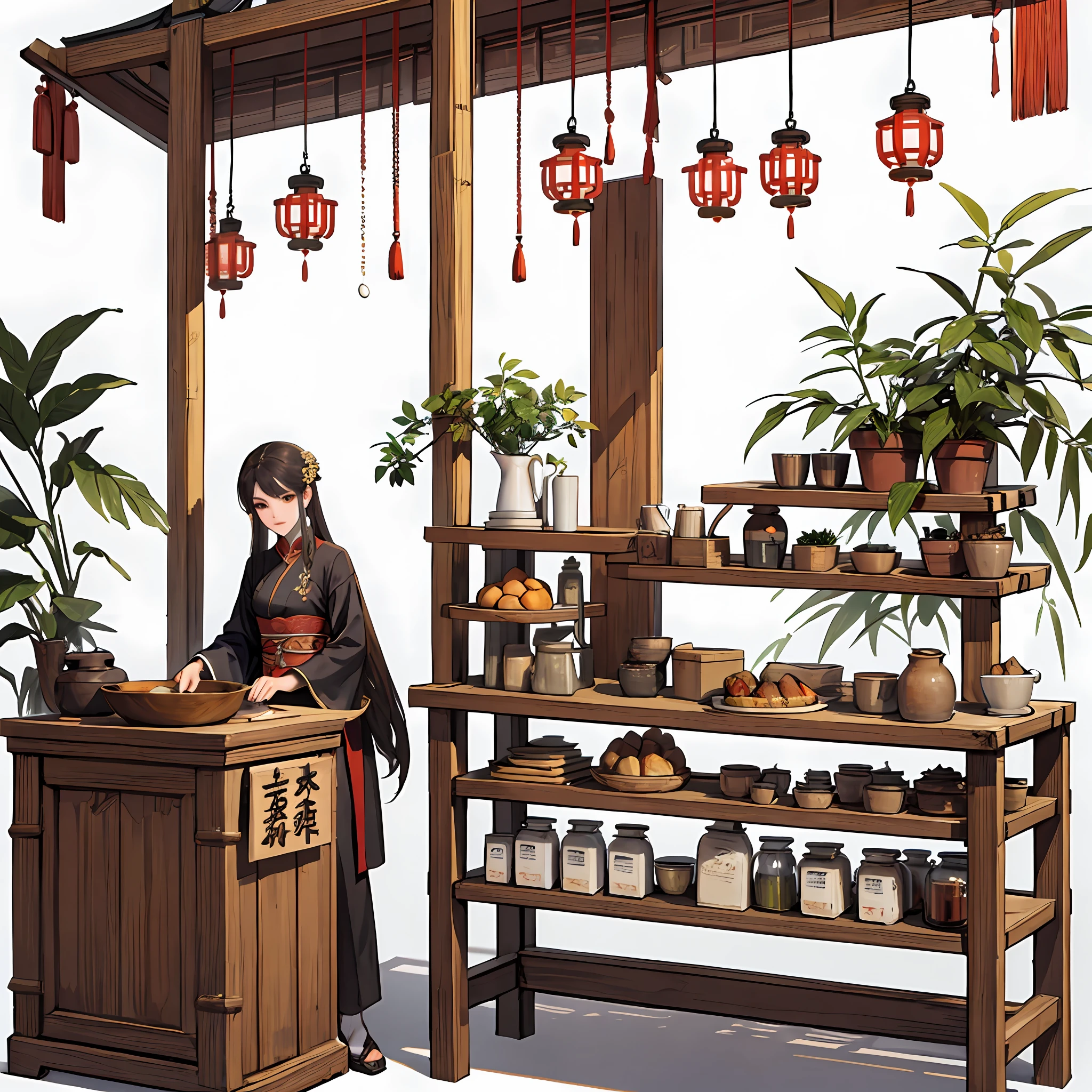 White background，Booth，Chinese Ancient Architecture，1 ancient Chinese woman standing behind a stall cabinet、Sell something，Pavilion，shelves，Booth cabinets，Bamboo leaves，delicacies，Clear facial features，masterpaintings，Best Quority，ultra-high-resolution