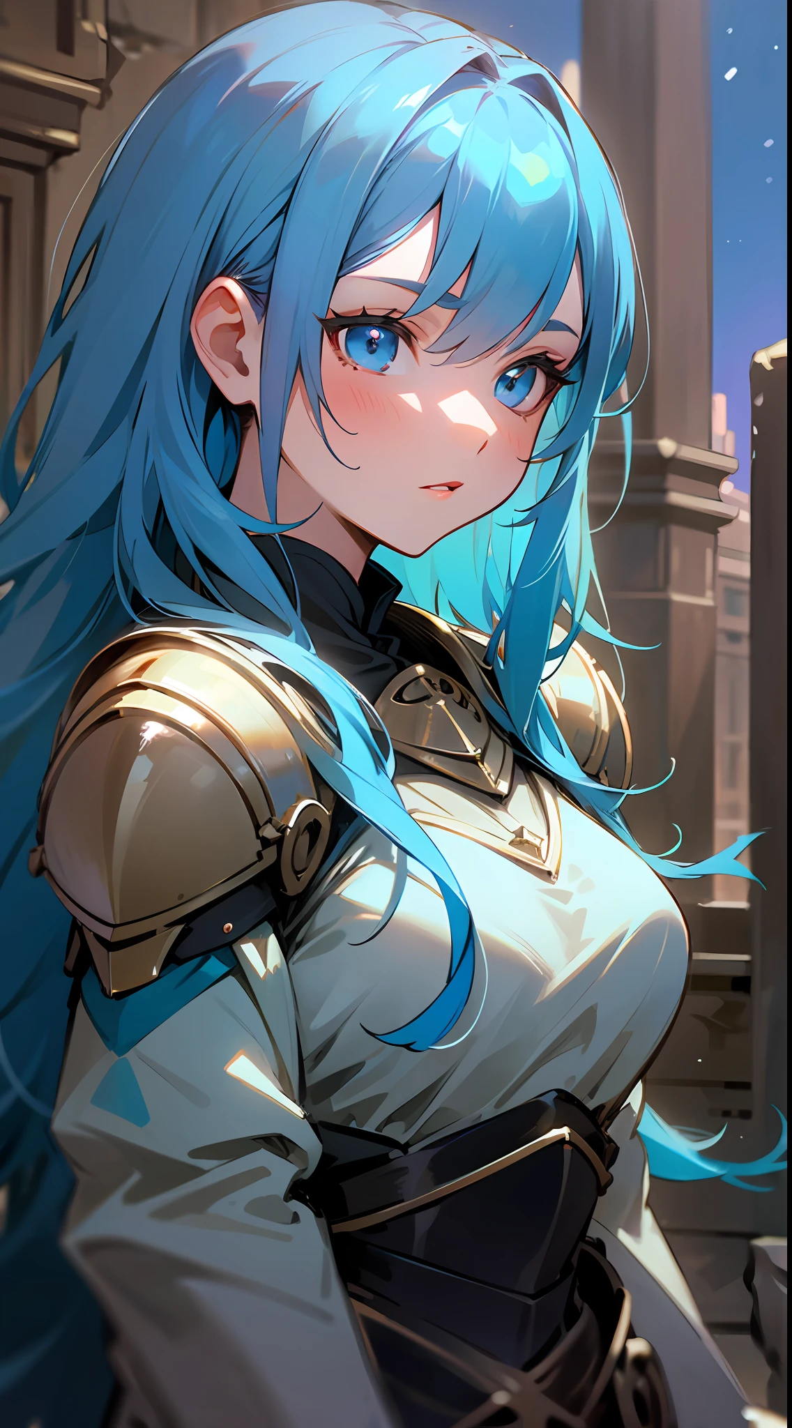 maximum quality、Intrincated detailed、8K、4 k、Highresolution、Intrincated detailed、Long-haired knight girl with blue hair、Upper body is shown、Stone ruins、Fighting the enemy、(Fantasy world）、night、dim、