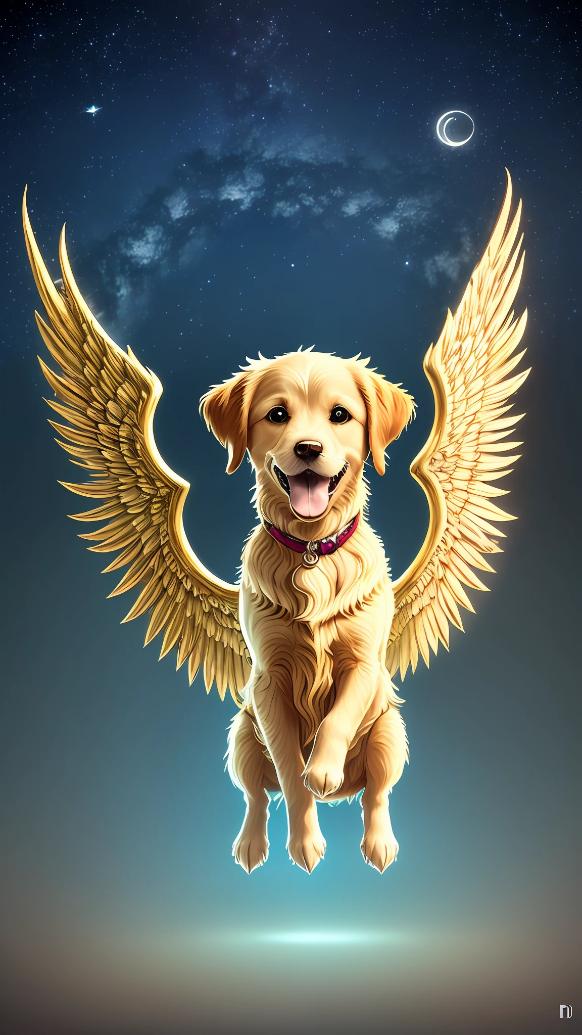 A cute little golden retriever with angel wings is above the middle of the screen, Smiling, Happy, 3d cartoon style, HD, Ultra photo realsisim, Digital illustration, art stations, Digital illustration, art stations, night scenery with several beautiful stars, Vivid colors