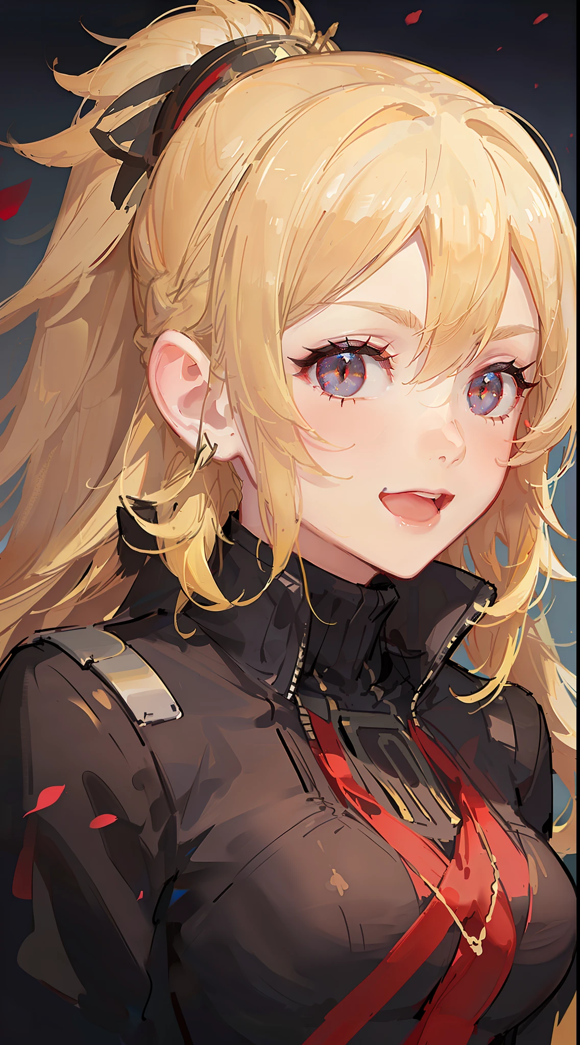 Young girl, long yellow hair, high ponytail, red eyes, open Jedi form, smile, open mouth, Masterpiece, high qulity