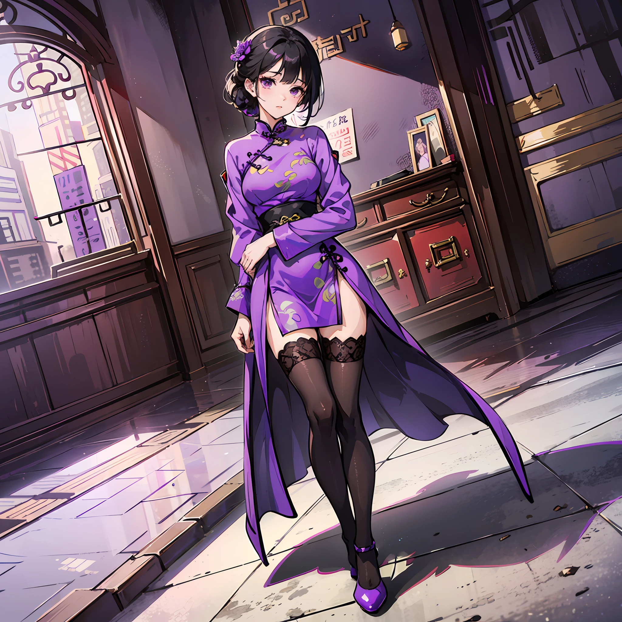 Purple cheongsam, overlooking, black hair, superlative, full body, fair skin, purple over-the-knee socks, purple high heels, standing, one foot forward