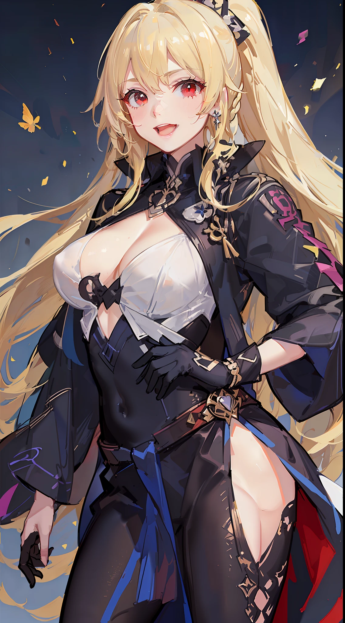 Young girl, long yellow hair, high ponytail, red eyes, open Jedi form, smile, open mouth, Masterpiece, high qulity