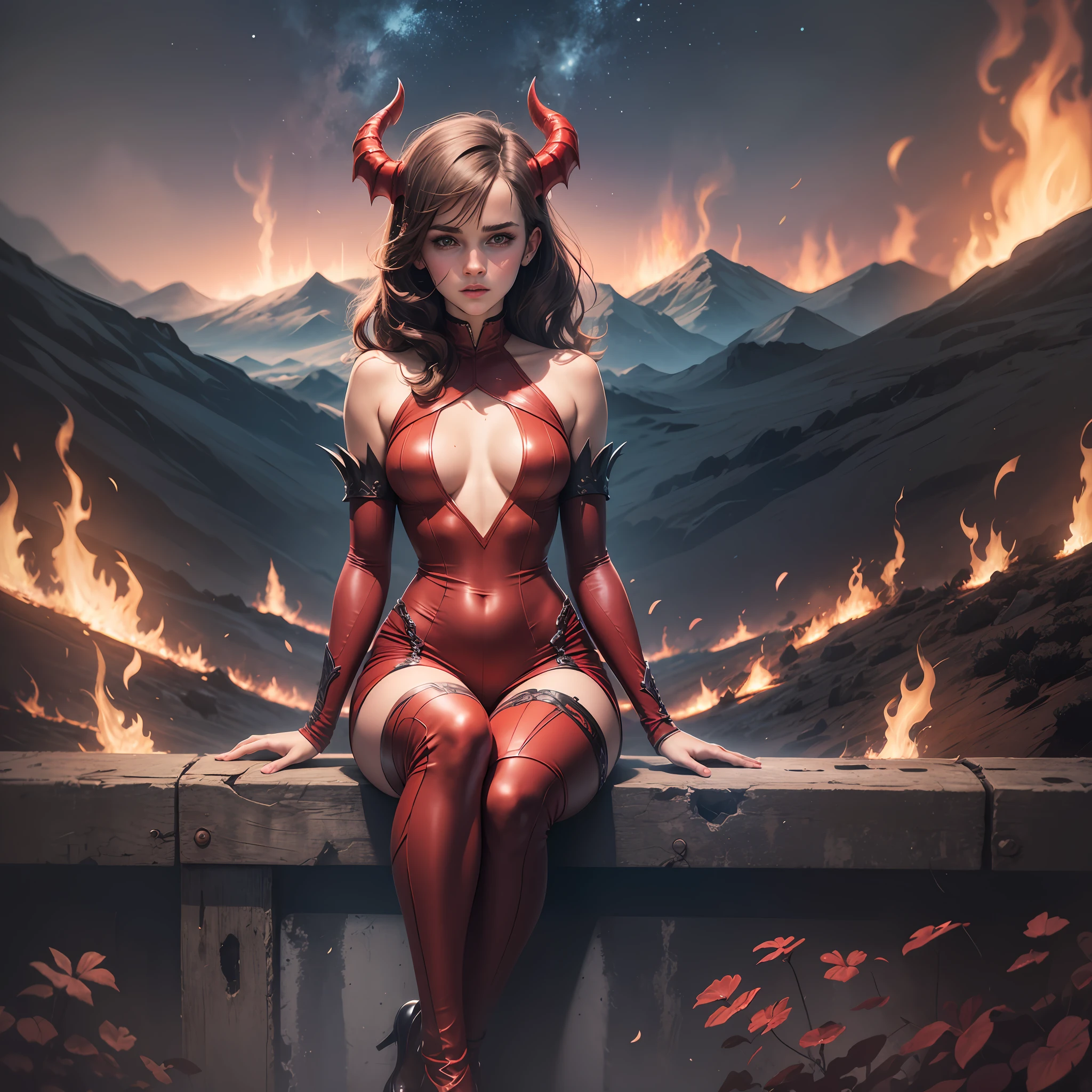 emma watson as a sexy demoness girl sitting on a fence. tight intricate red costume. slender body. hellish landscape. night. background fire.