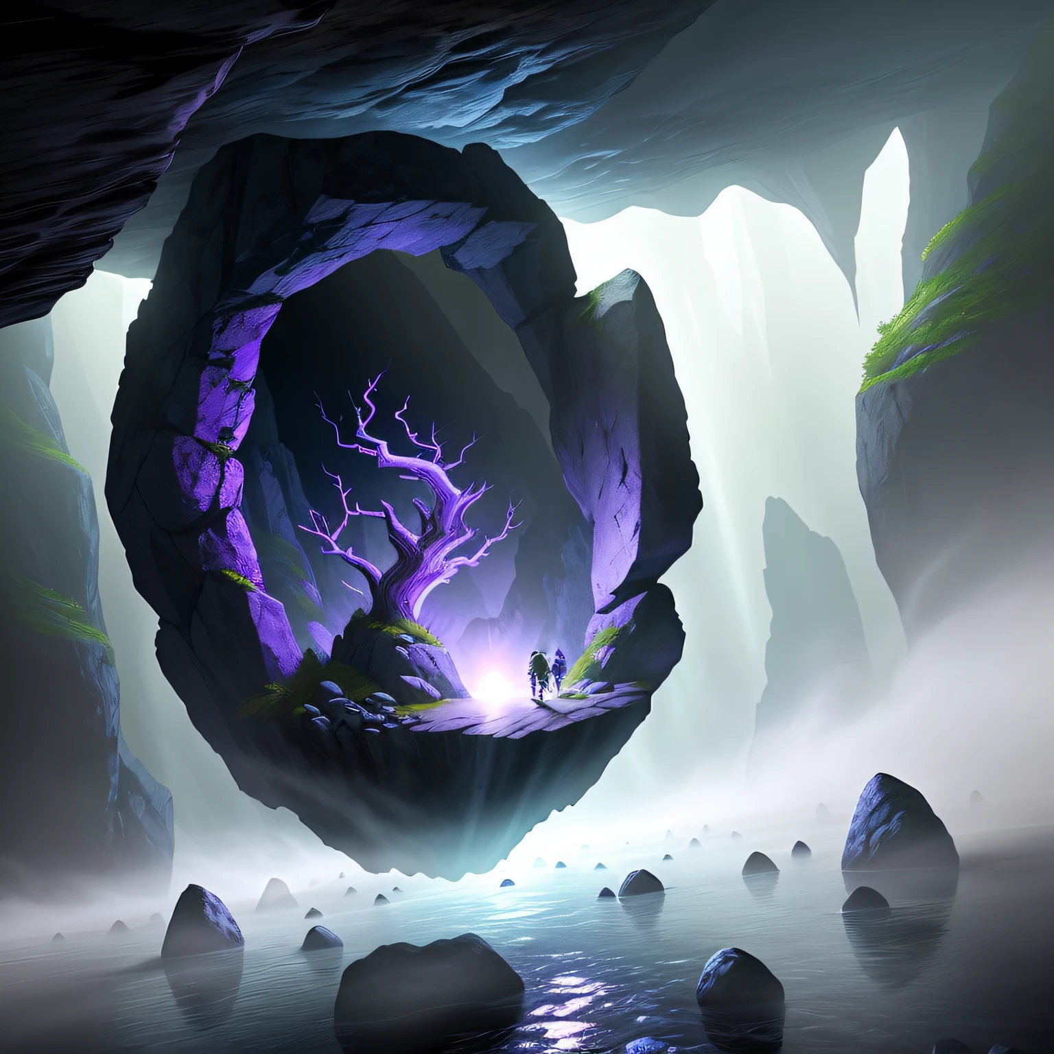 Magic Cave,Purple glow,Fog surrounds,Enclosed cave,Suspended stones,Float without gravity,Realistic game artwork,large scene,Wide-angle perspective,Look up