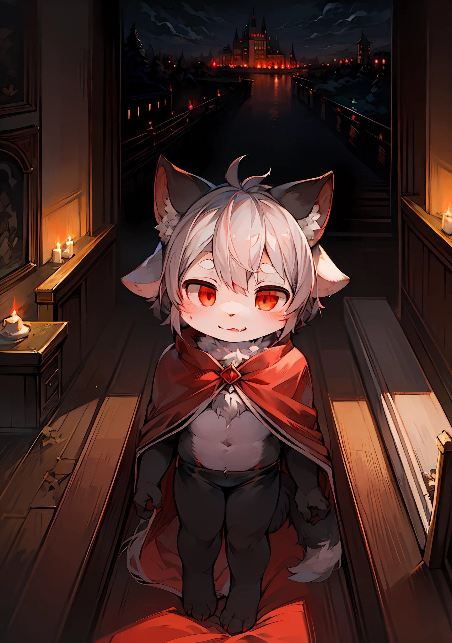 (dark environment:0.8),masterpiece, high quality, absurd res, digital painting \(artwork\), by dagasi, yupa,kiyosan,(anthro,fluffy fur,character focus:1.1),anthro male cat,short hair,portrait, bright eyes,panorama,character focus.(detailed background:0.7),solo,furry,furry male ,male focus,anthr,(Full body fur, fluffy tail, white fur,red eyes,gray hair:1.2),(long canines,vampire, cape:1.2),(interior,night, castle, coffin:1.1)