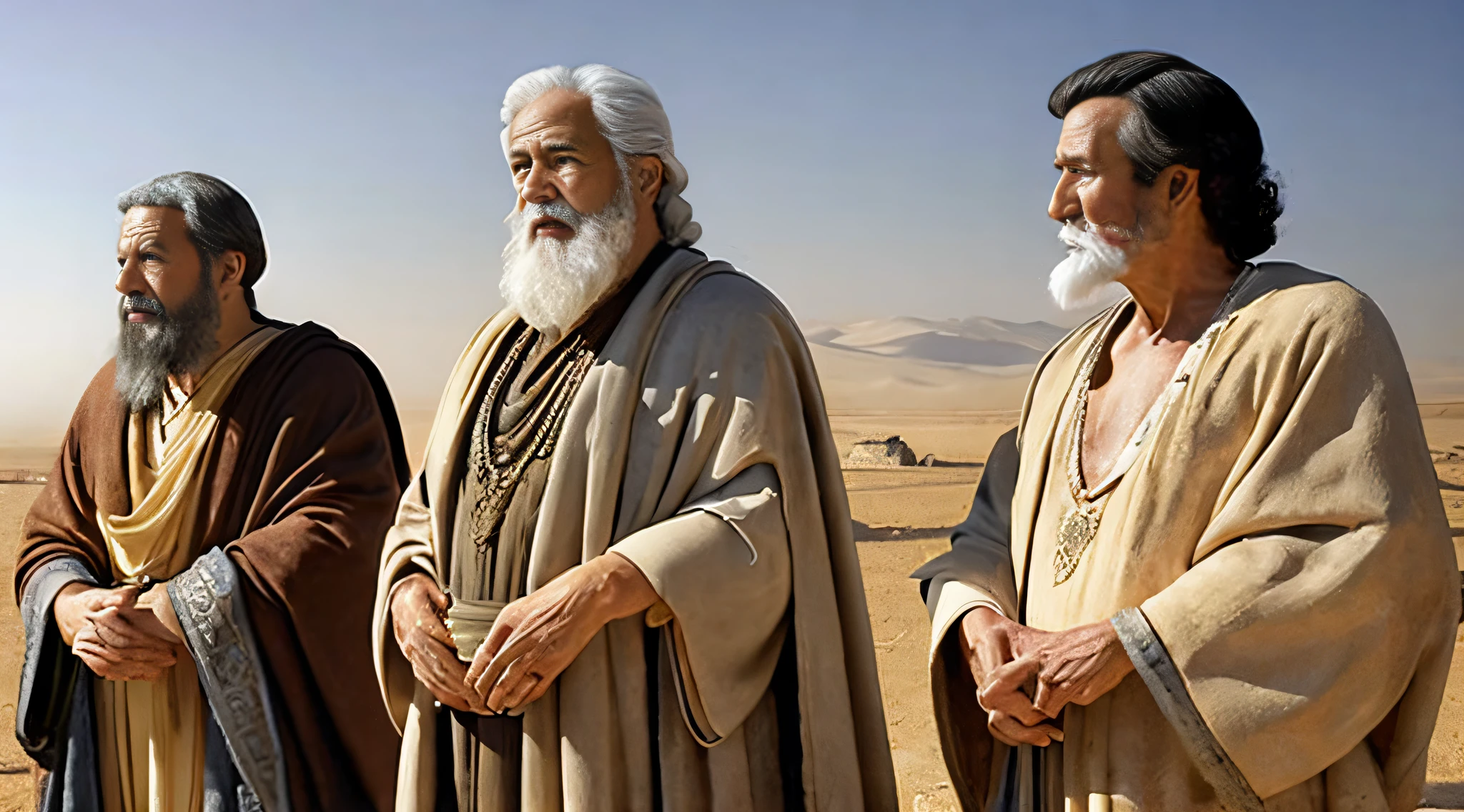 Biblical times、(((Three middle-aged men)))、The is standing、((1st century))、((Ancient Israel))、Wasteland、body complet、Talking、