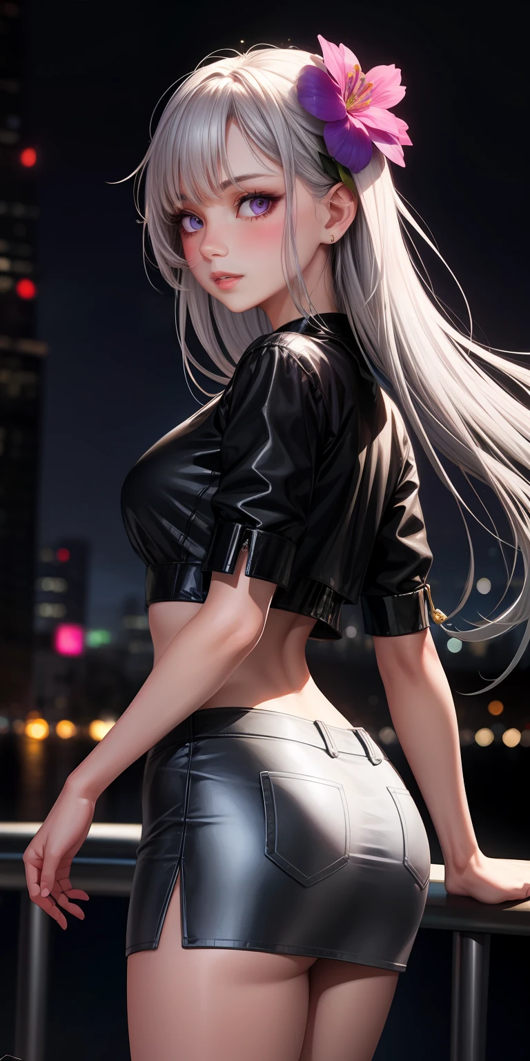 realistic, 1girl, white hair, purple eyes, glowing eyes, crop top, skirt, parted lips, blush, night, flowers, sun, sunlight,
